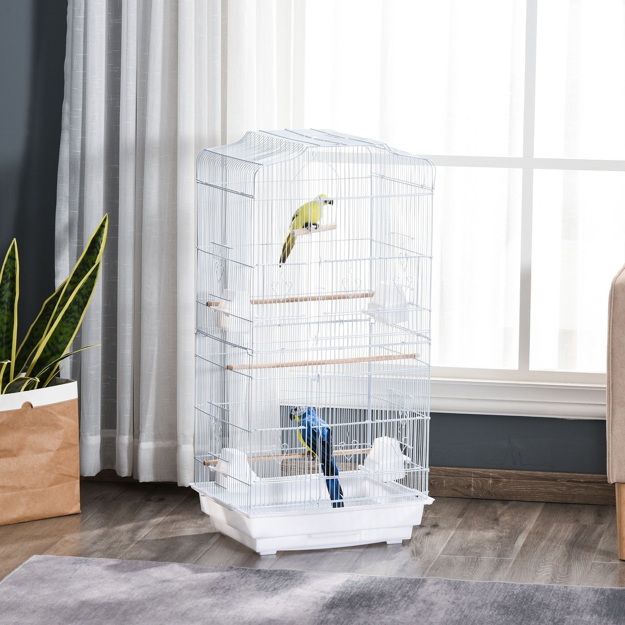 EASYCOMFORT Bird Cage with Perches, Swing and Bowls, Aviary in Metal and Plastic, 46.5x35.5x92cm, White