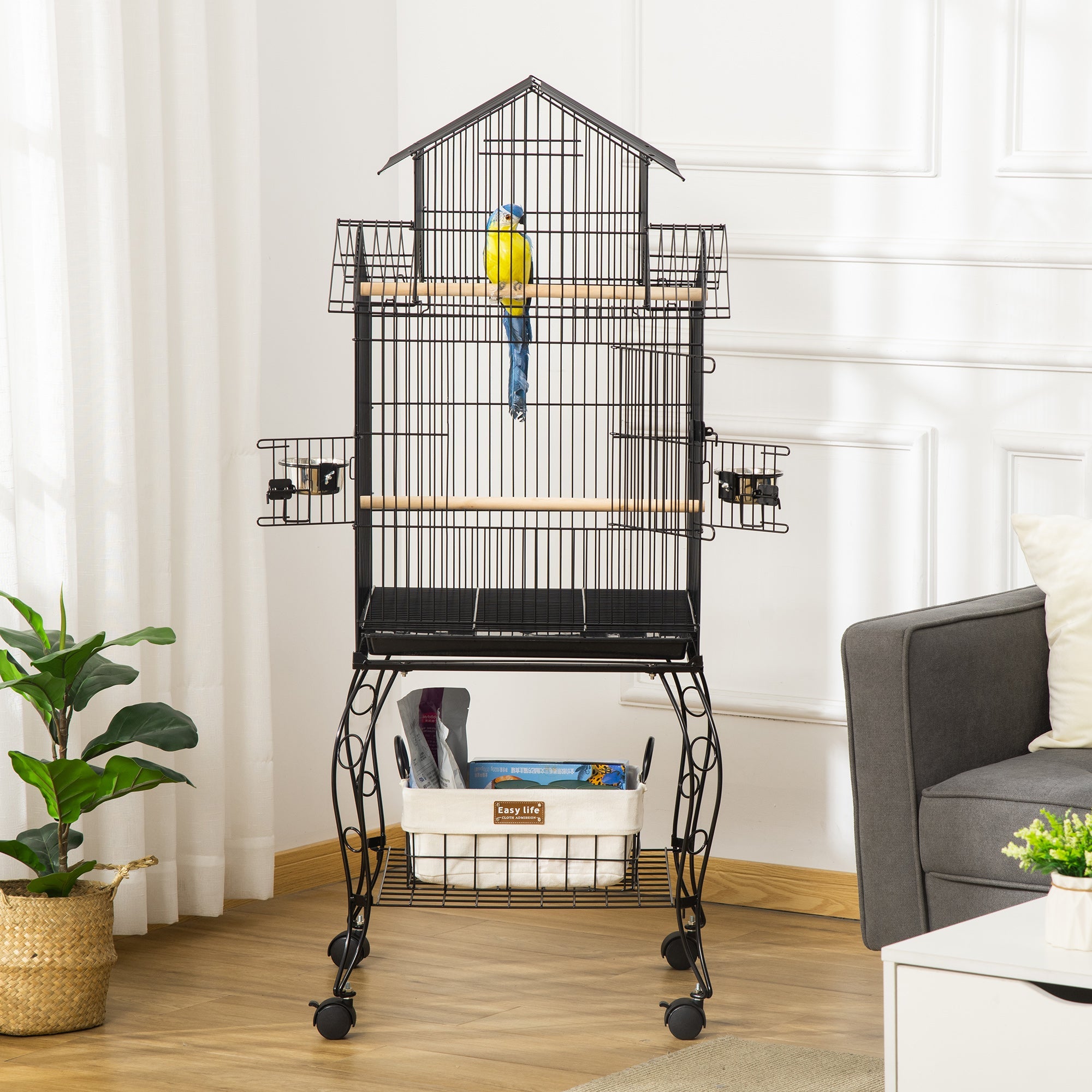 EASYCOMFORT Indoor Bird Cage in Steel and Wood with Tray, 4 Wheels and Perch, 50x49x137cm