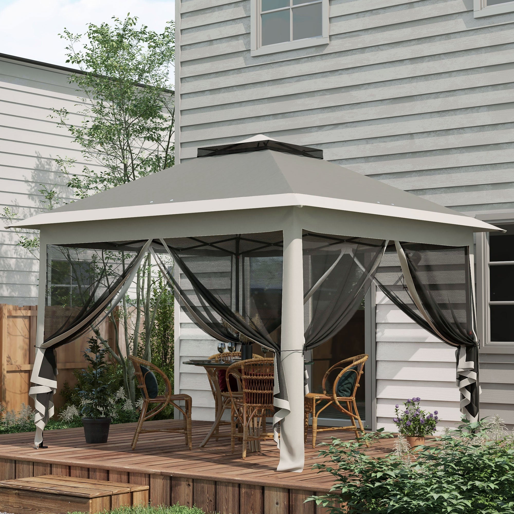 EasyComfort Gazebo da Esterno ad Altezza Regolabile with Zanzariere, in Metallo e Tessuto Oxford, 3.3x3.3x2.8 m, Grigio Scuro