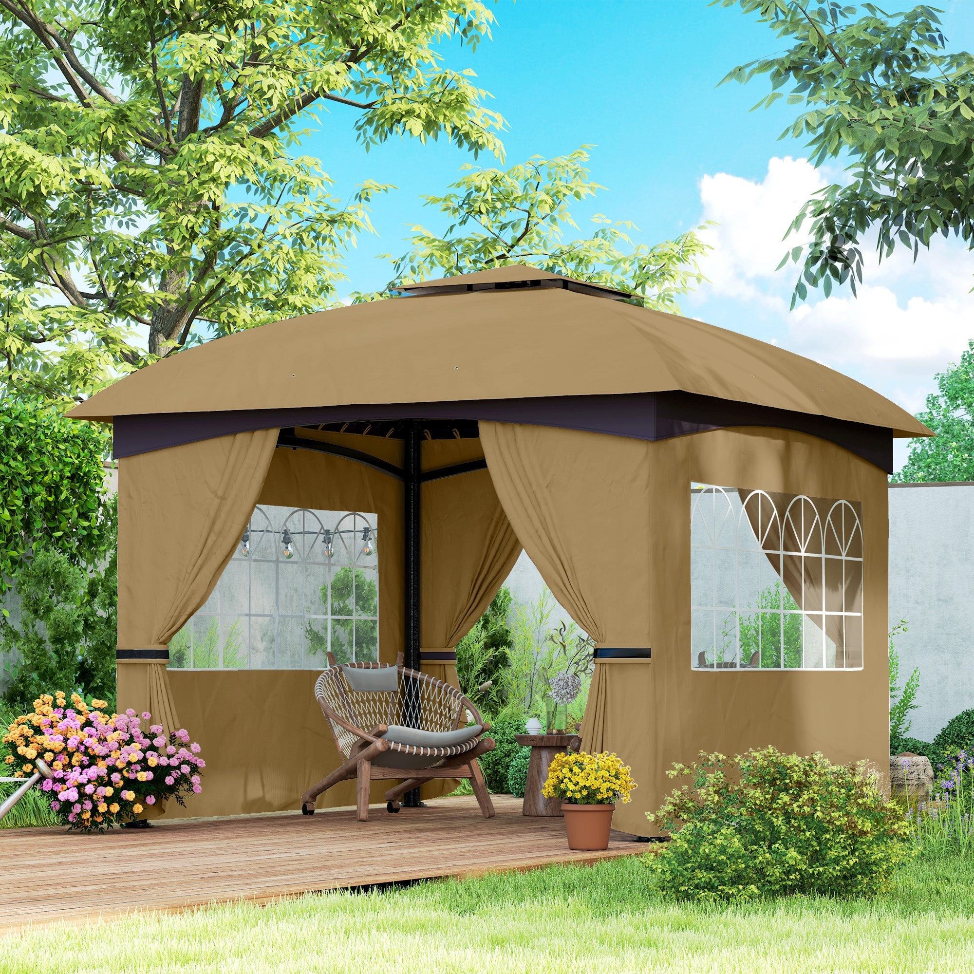 EasyComfort Gazebo da Giardino 3.4x3.4m with Pareti, Protezione UV e Tetto a 2 Livelli, Beige