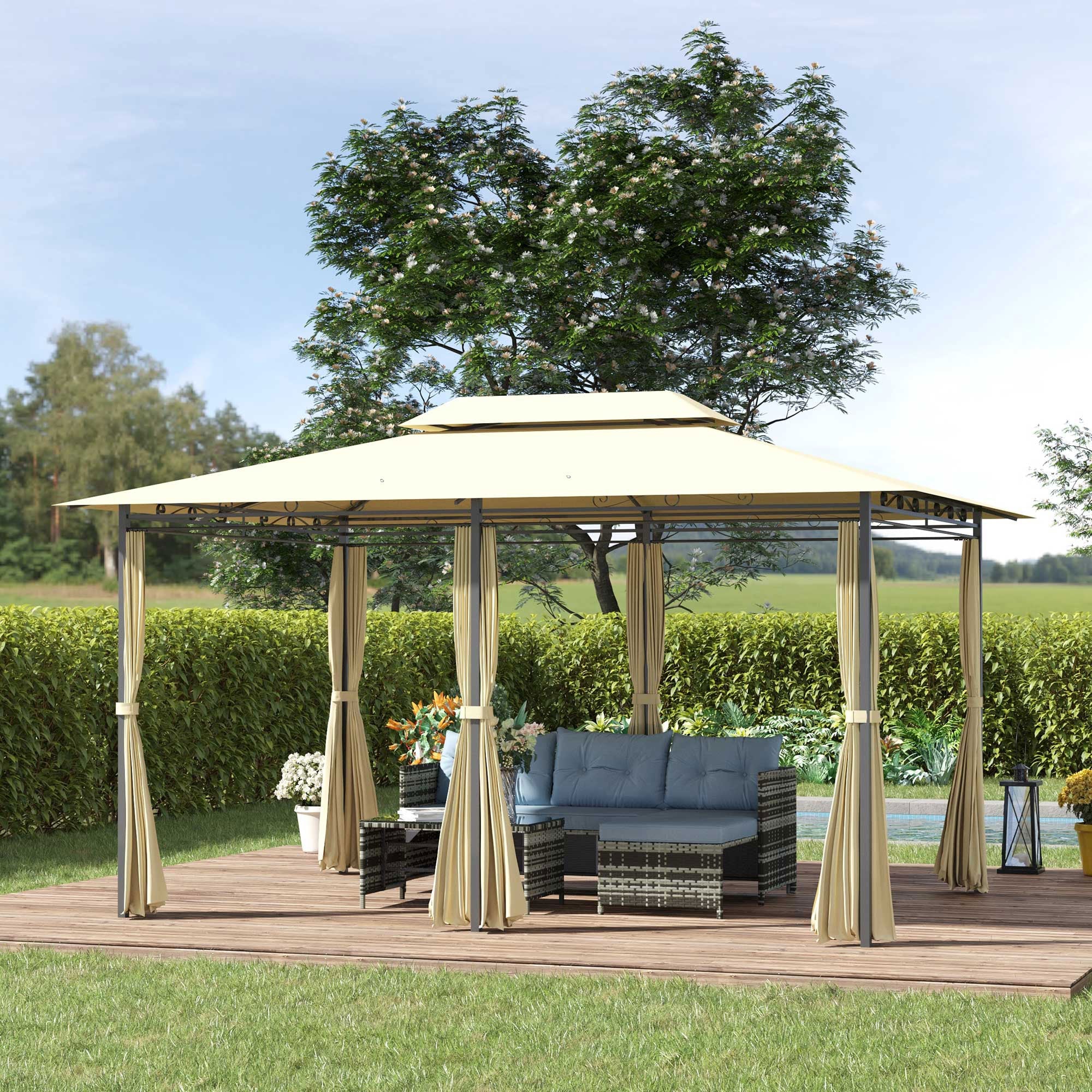 Easycomfort Gazebo da Giardino 3x4 m with Tende e Tetto a 2 Livelli white Crema