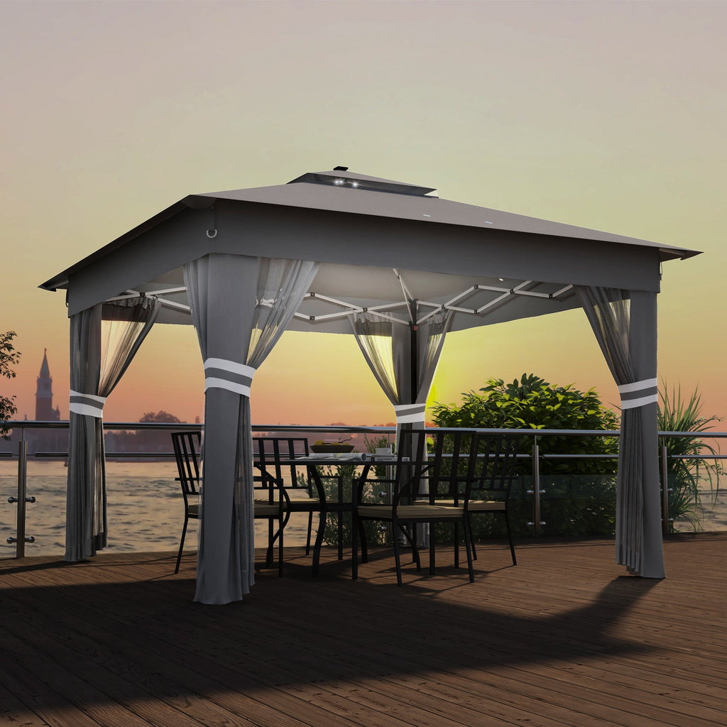 EasyComfort Gazebo da Giardino ad Altezza Regolabile with Luci LED, in Acciaio e tessuto Oxford, 336x336x250-270 cm, Grigio