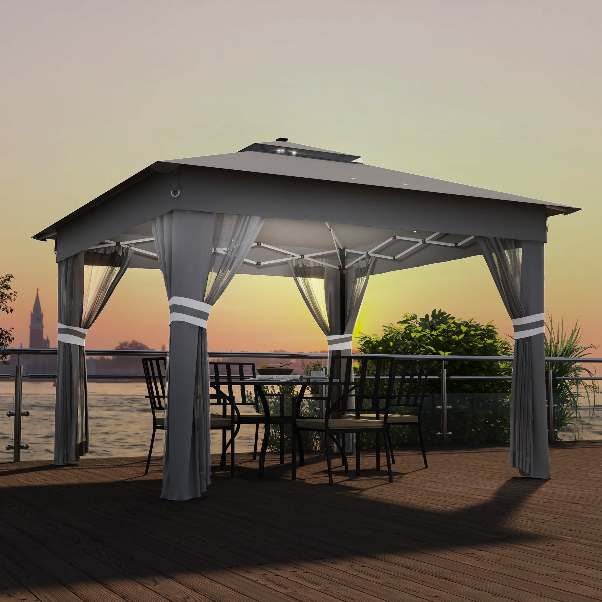 EasyComfort Gazebo da Giardino ad Altezza Regolabile with Luci LED, in Acciaio e tessuto Oxford, 336x336x250-270 cm, Grigio
