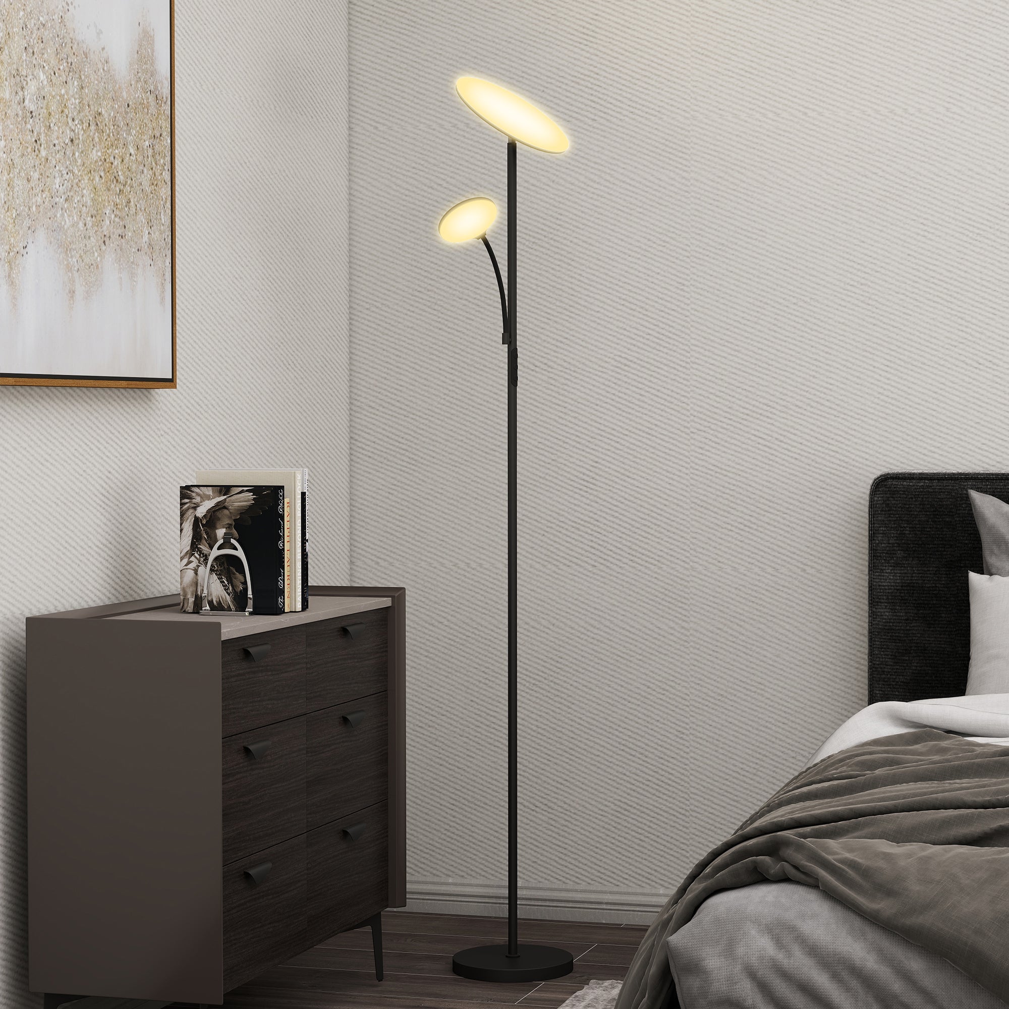 EasyComfort Vloerlamp met 2 lichtpunten, 2700K-6500K, 4 dimniveaus, afstandsbediening, zwart