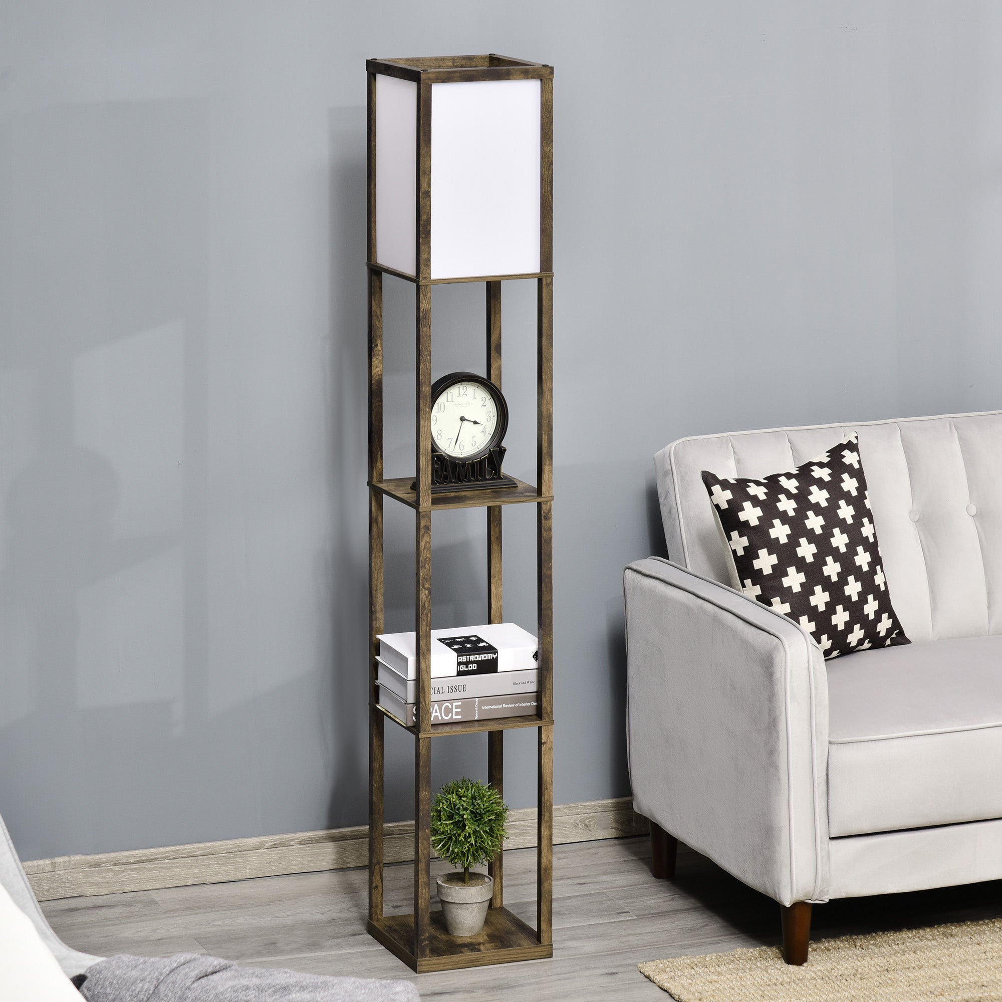 EasyComfort Vloerlamp met 3 planken, E27 40W, 26x26x160 cm houtkleur