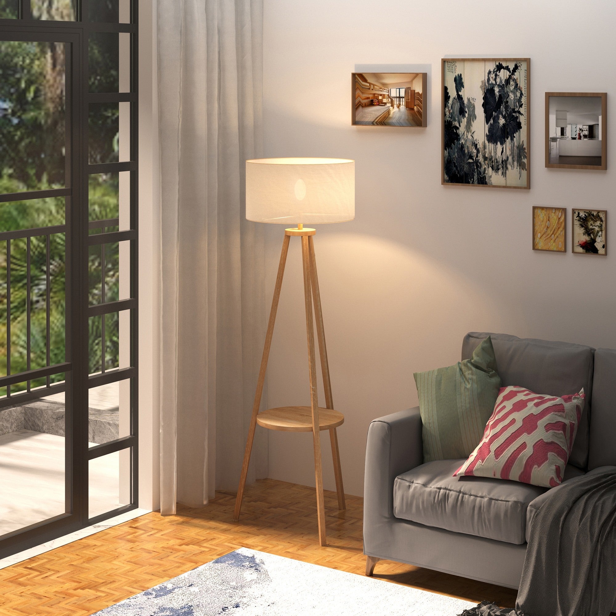 Easycomfort Lampada da Terra with Ripiano Intermedio Paralume in Lino Interruttore a Pedale Risparmio Energetico Altezza 154cm, Legno, 50x50x154 cm