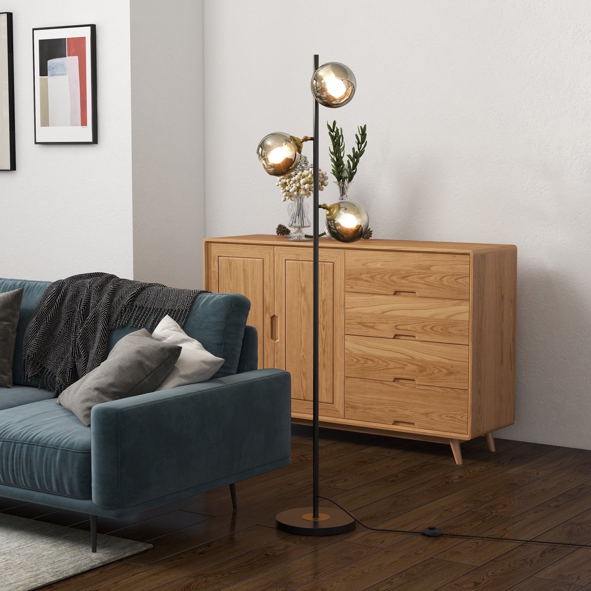 EasyComfort Staande lamp (3 glazen kappen) Ø36×162A cm, zwart/grijs