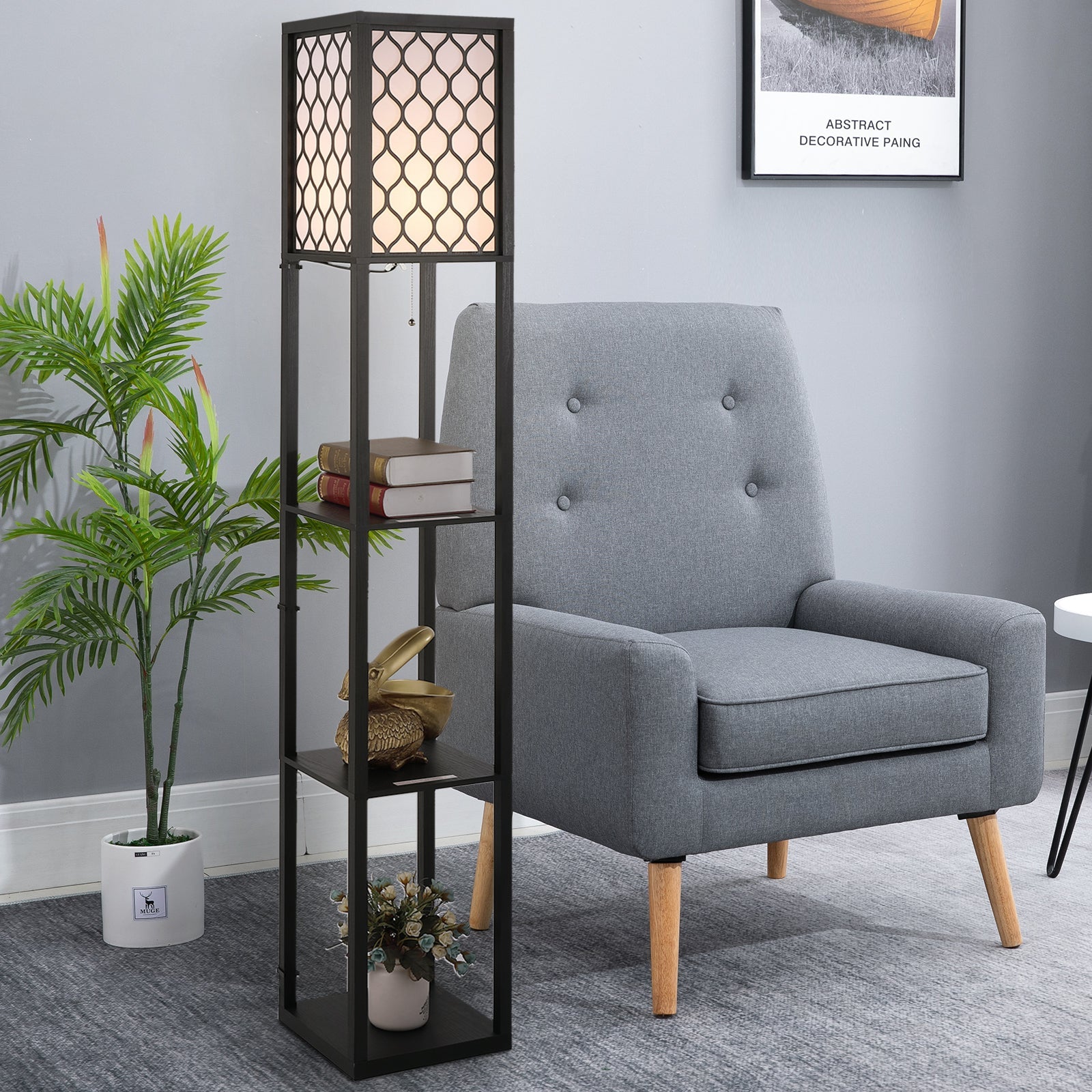 Easycomfort Lampada Lampadina da Terra Salvaspazio with Ripiani Durevole Cotone, MDF 26 x 26 x 160 cm black, bianco