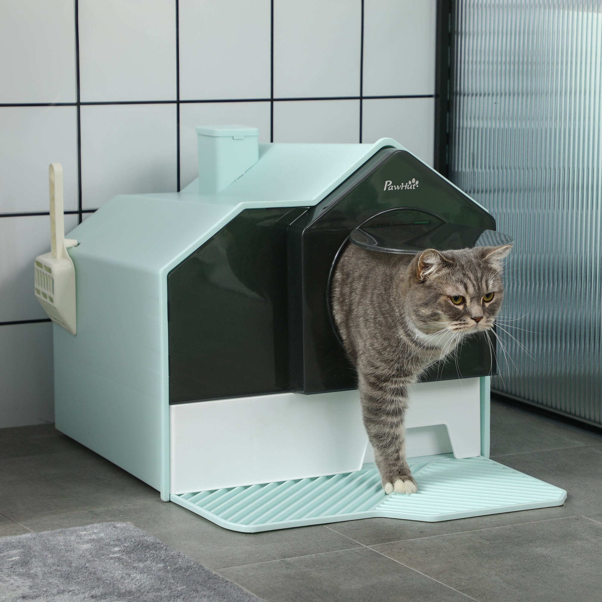 EasyComfort Lettiera per Gatti Chiusa con Vassoio Estraibile, Tappetino e Paletta, 47x45x42cm, Azzurro