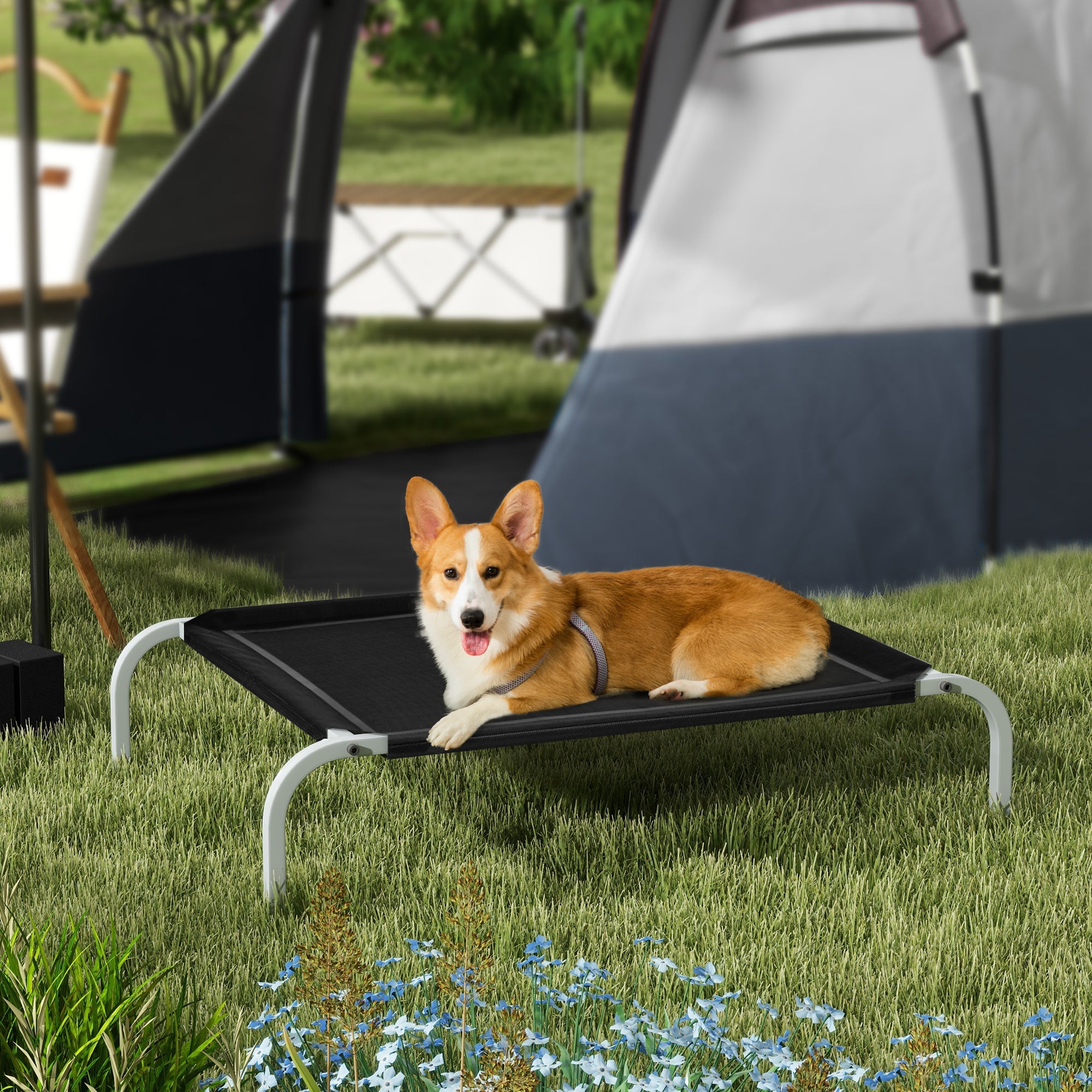 EasyComfort Lettino per Cani Rialzato con Seduta Traspirante, in Metallo e Tessuto, 90x65x20 cm, Nero e Argento