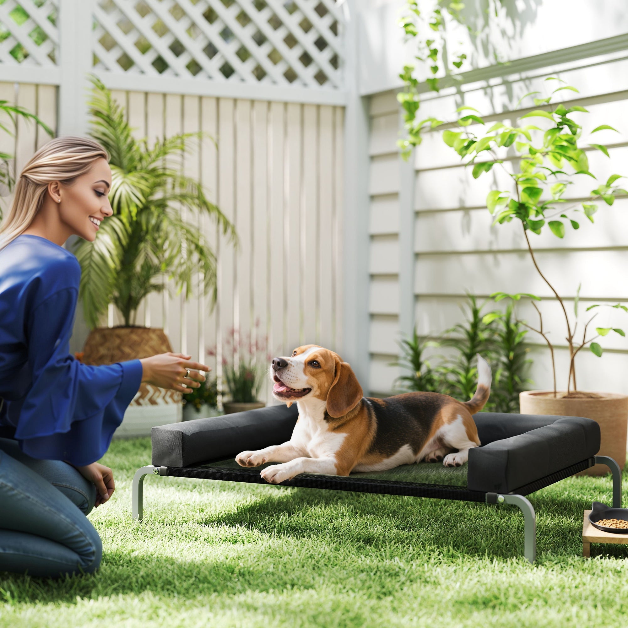 EasyComfort Lettino per Cani Rialzato di 19.5 cm con Cuscino a U, in Poliestere e Acciaio, 110x75x30 cm, Nero e Argento