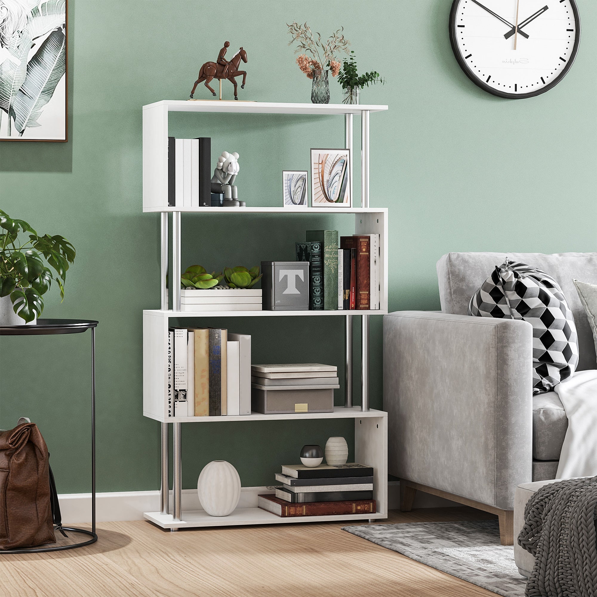 Easycomfort Libreria a 4 Ripiani Design Moderno in Legno e Metallo, Libreria Scaffale per Soggiorno, Studio, Ufficio, 80x30x145cm Bianca