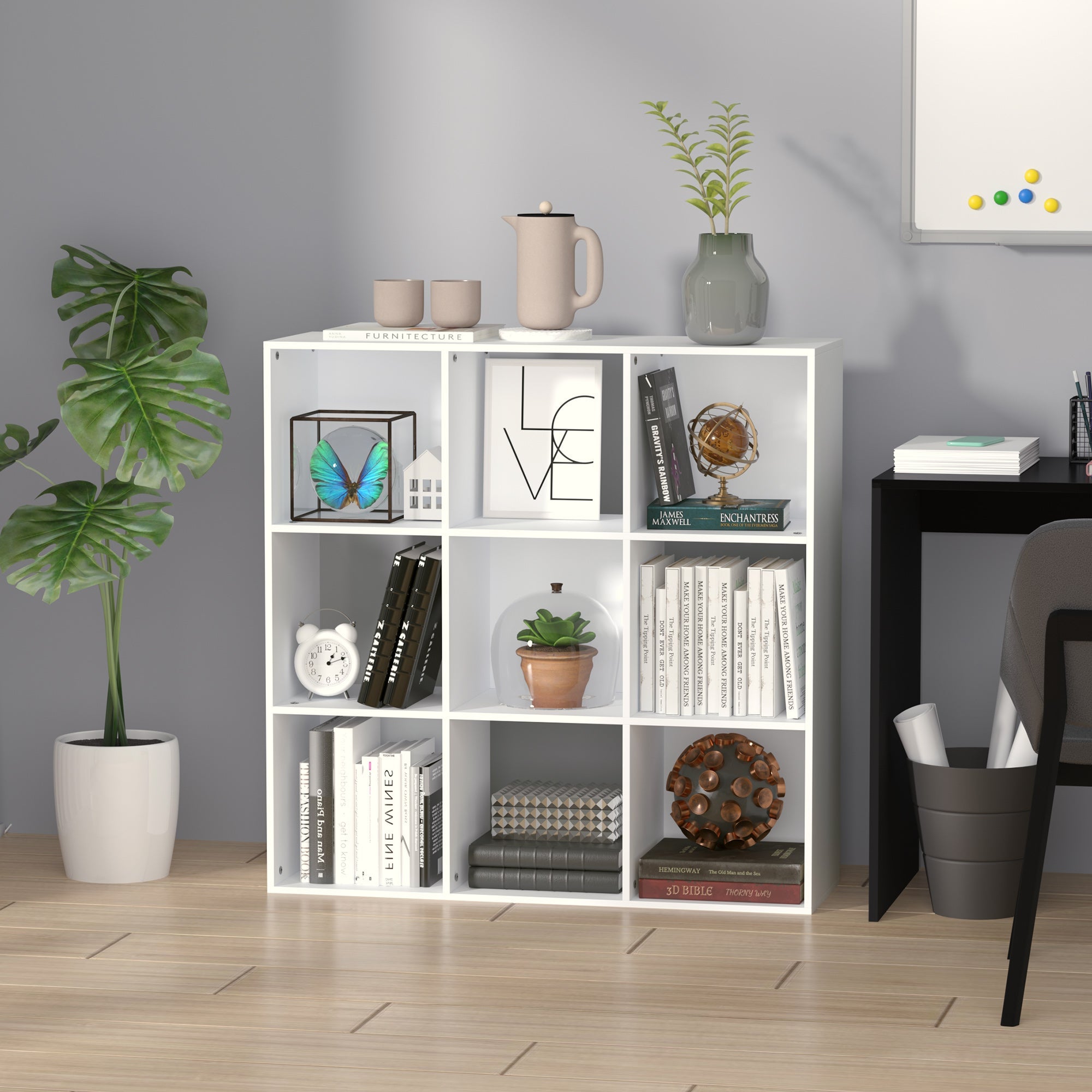 Easycomfort Libreria Bianca per Casa e Ufficio, Scaffale dal Design Moderno with 9 Scomparti in Legno, 91.5 x 29.5 x 91.5 cm