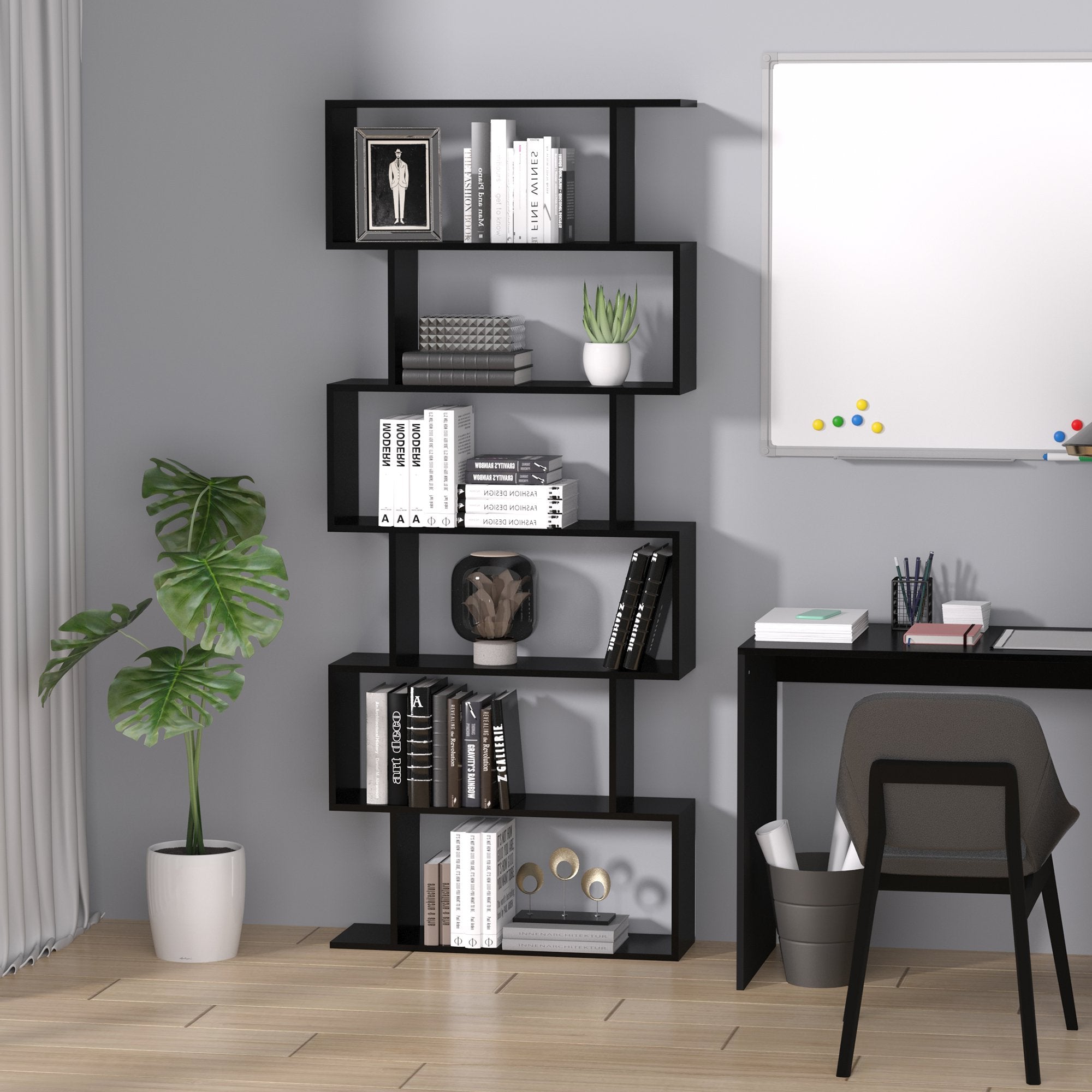 Easycomfort Libreria Legno Design Moderno with 6 Ripiani 80 × 23 × 192cm black