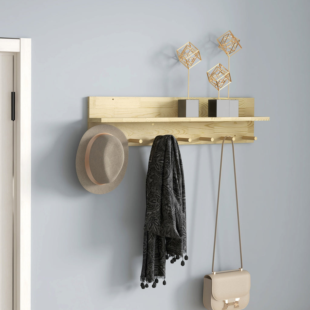 EasyComfort Mensola da Parete in Legno di Abete with 7 Ganci per Ingresso e Soggiorno, 80x12x20 cm