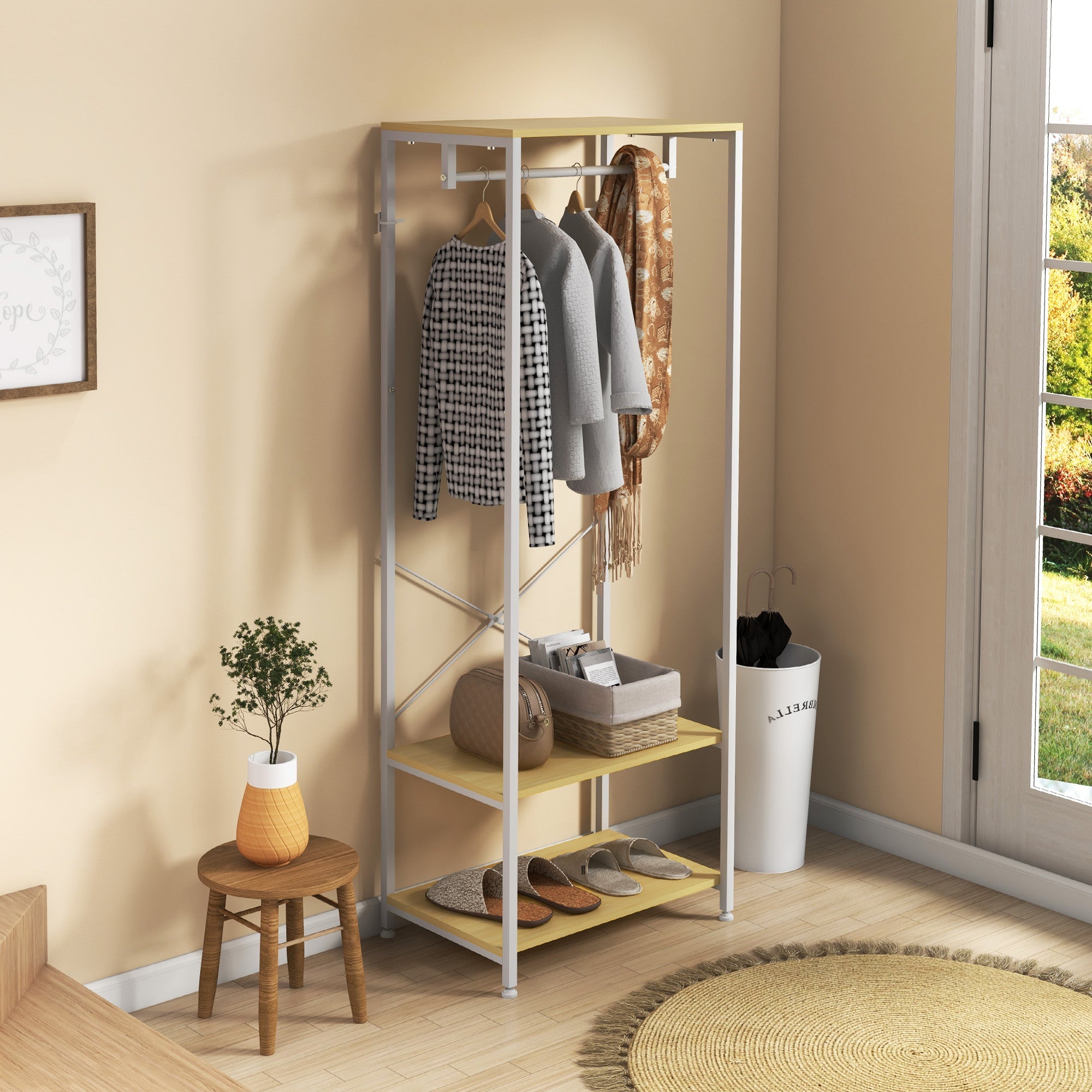 EasyComfort Mobile Appendiabiti 2 in 1 with Ripiano a 2 Livelli, in Acciaio e Truciolato, 60x40x167.5 cm