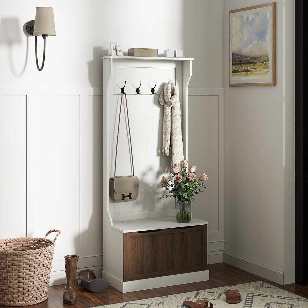 EasyComfort Mobile Appendiabiti 3 in 1 with 4 Ganci e Panca Contenitore, in Legno, 71.5x39.5x170 cm, white
