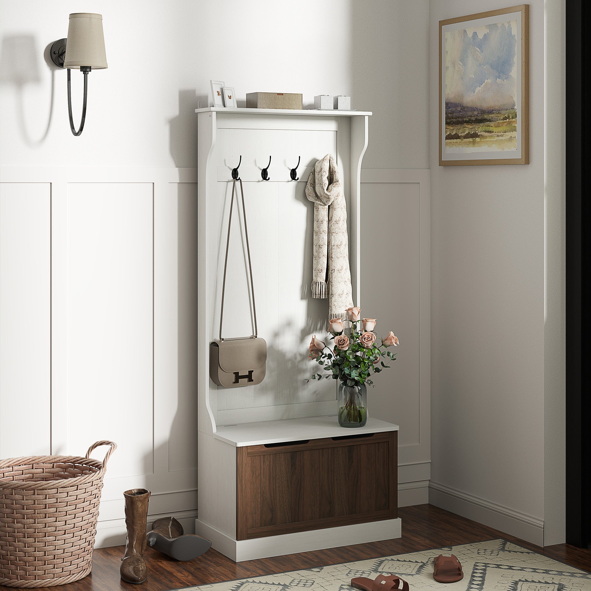 EasyComfort Mobile Appendiabiti 3 in 1 with 4 Ganci e Panca Contenitore, in Legno, 71.5x39.5x170 cm, white