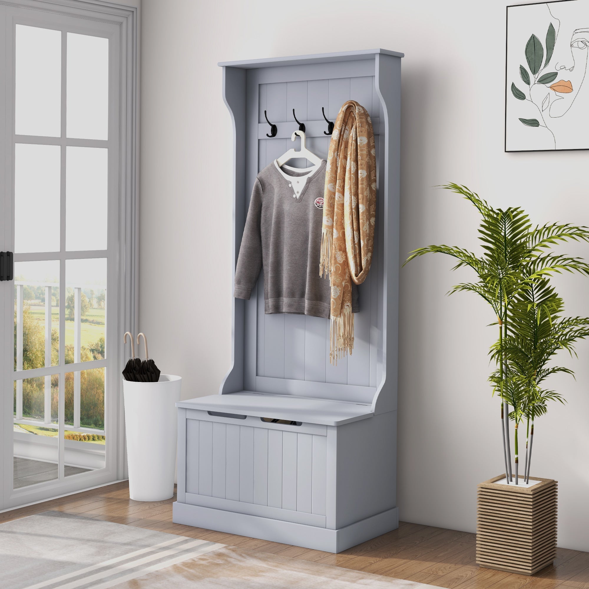 EasyComfort Mobile Appendiabiti 3 in 1 with 4 Ganci e Panca Contenitore, in Legno, 71.5x39.5x170 cm, Grigio
