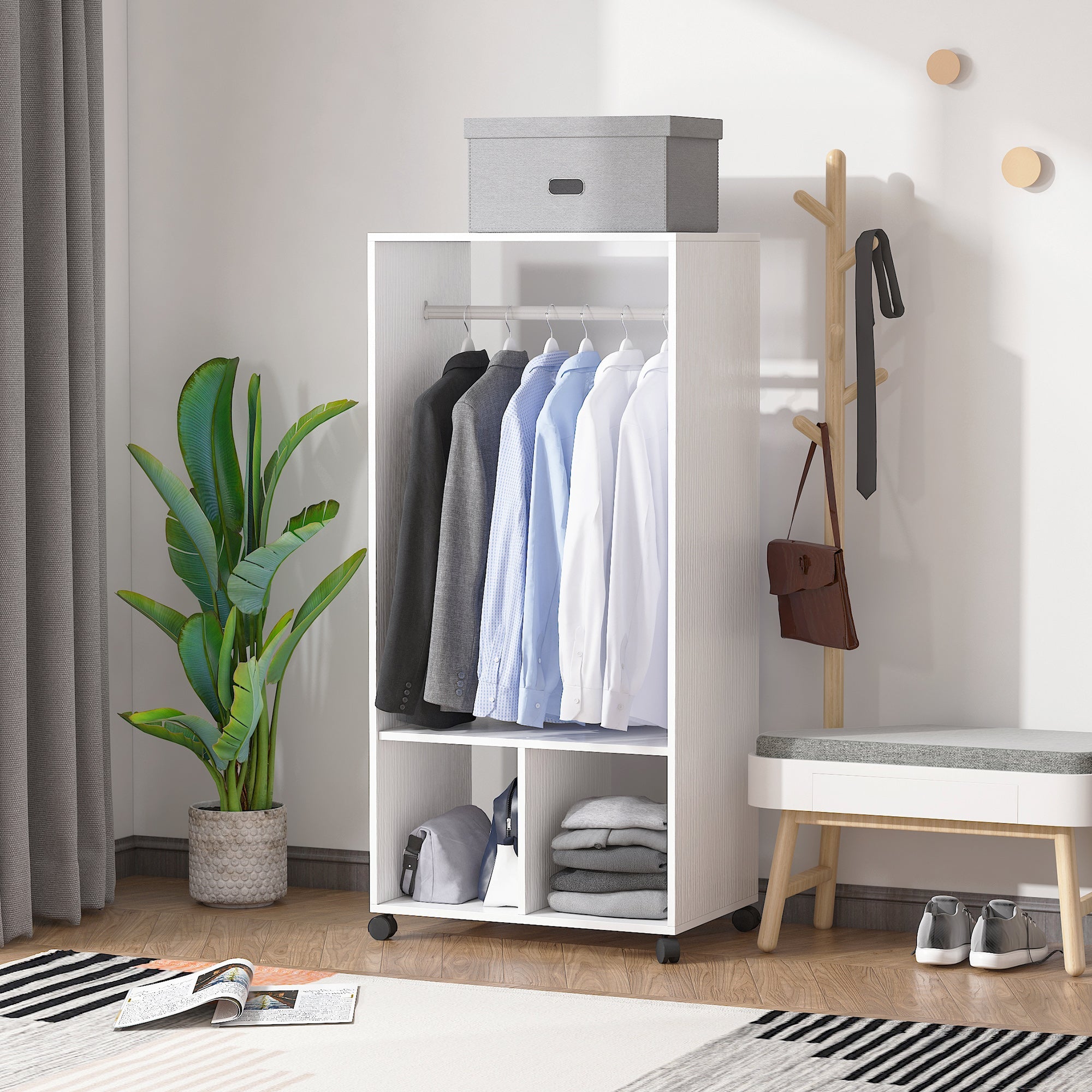 EasyComfort Mobile Appendiabiti with Barra in Alluminio e 2 Ripiani Aperti, in Truciolato, 60x40x128 cm, white