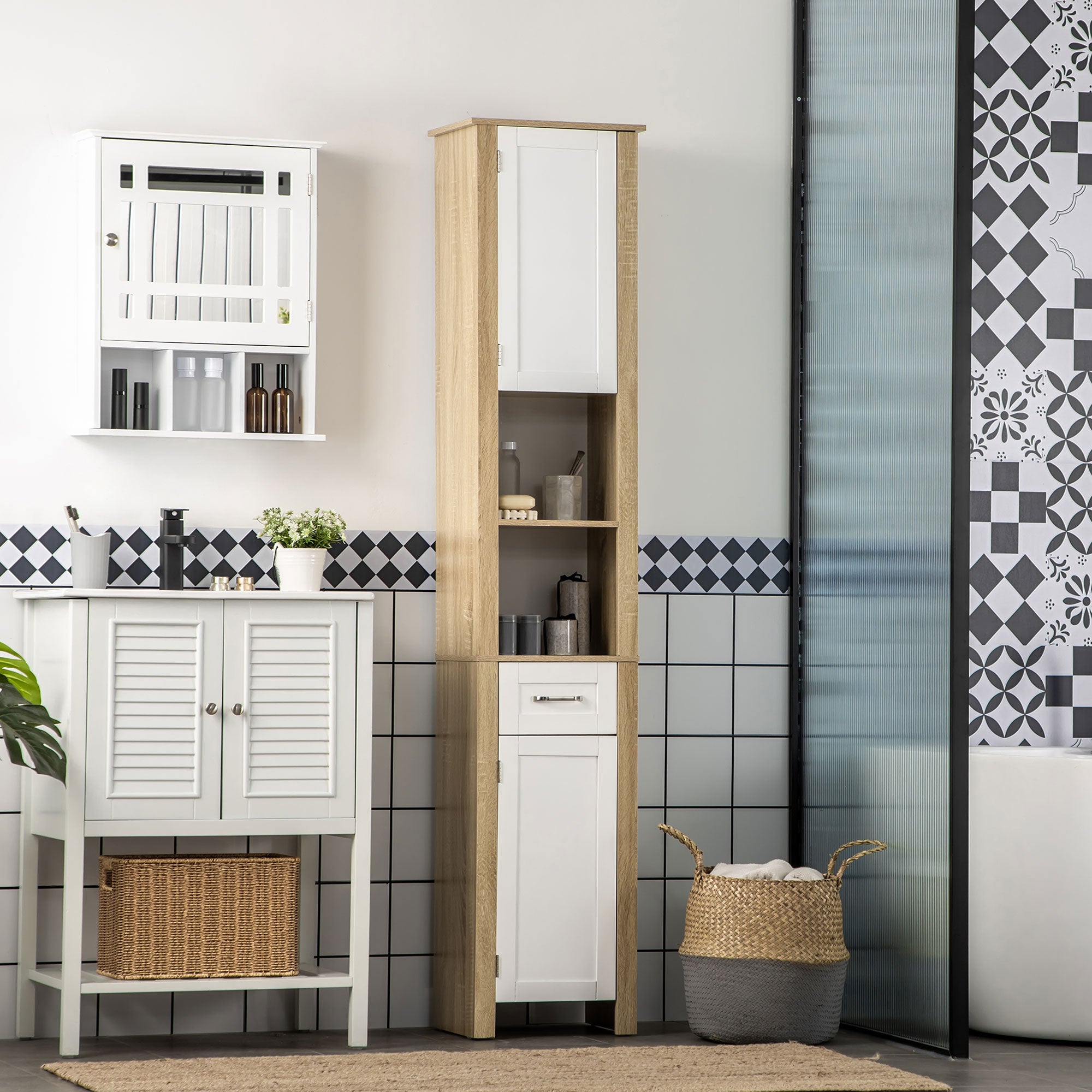 Easycomfort Mobile Bagno Alto in Truciolato with un Cassetto, 2 Armadietti e 2 Ripiani Aperti Regolabili, 37x30x184 cm