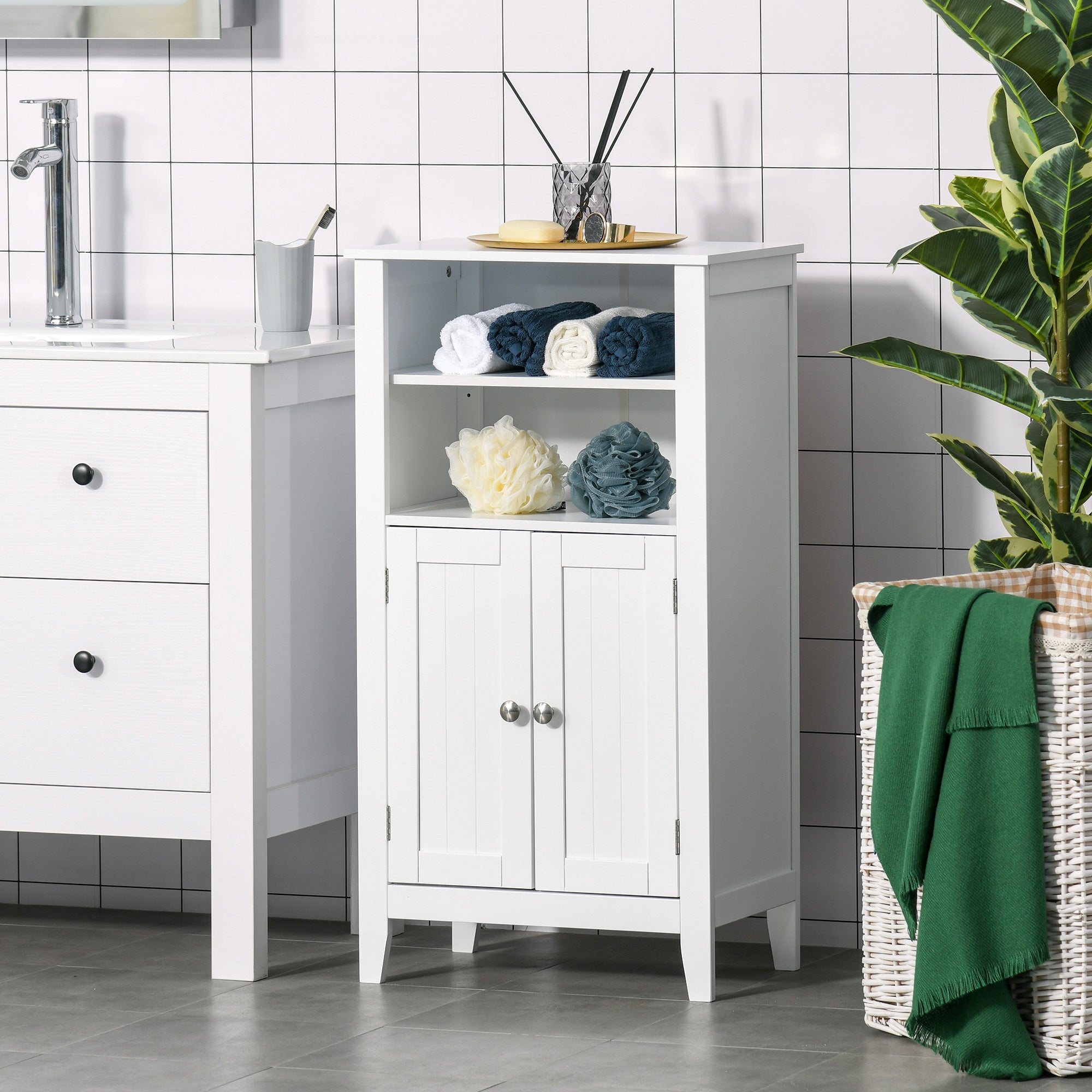 Easycomfort Mobile Bagno with Mensole Regolabili e Armadietto 2 Ante, Mobiletto Bagno Multiuso in Legno, white, 50x30x93cm