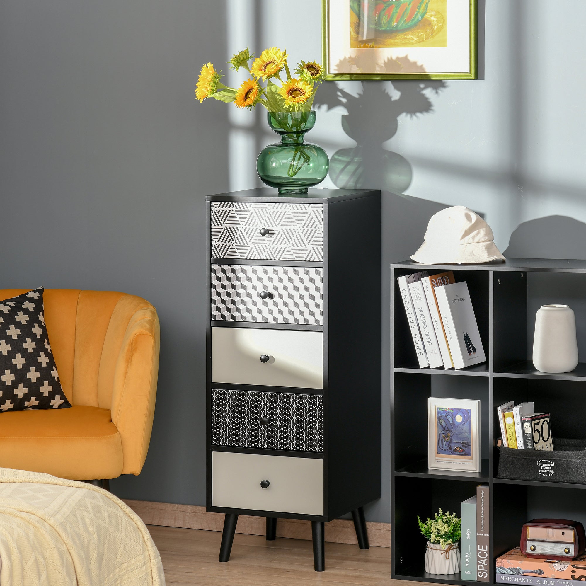 Easycomfort Mobile Cassettiera 5 Cassetti Fantasia Geometrica, Arredamento Moderno Camera e Ingresso, 40x40x111.5cm black Grigio