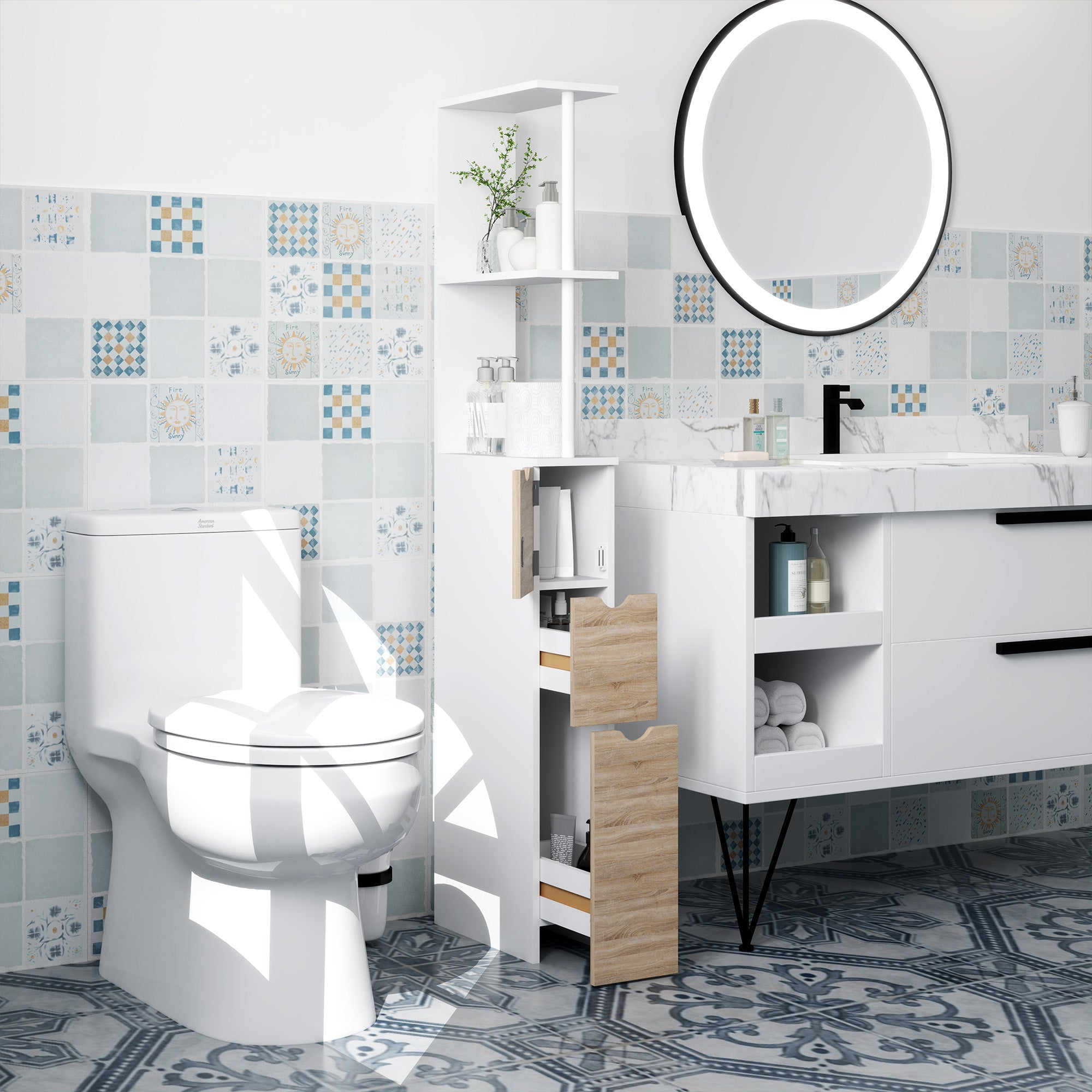EasyComfort Badkamerkolomkast 15x33x136 cm (MDF), houtkleur/wit