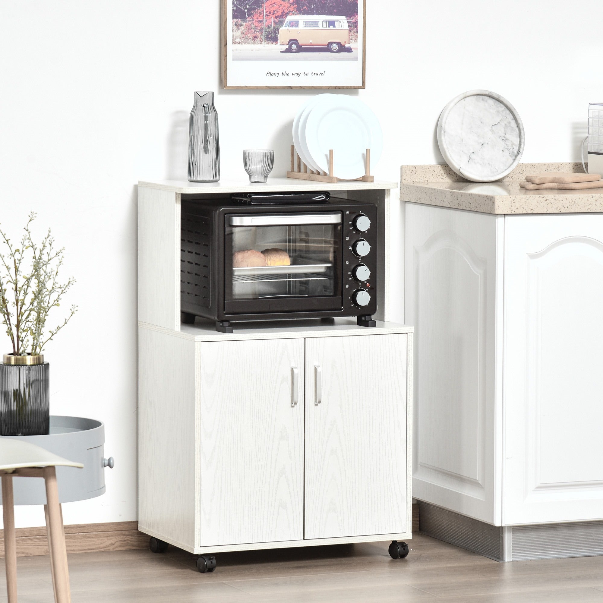 Easycomfort Mobile Cucina Multiuso with Ruote, Armadietto e Ripiano per Microonde, Credenza Alta in Legno Truciolare, 60.4x40.3x97cm white