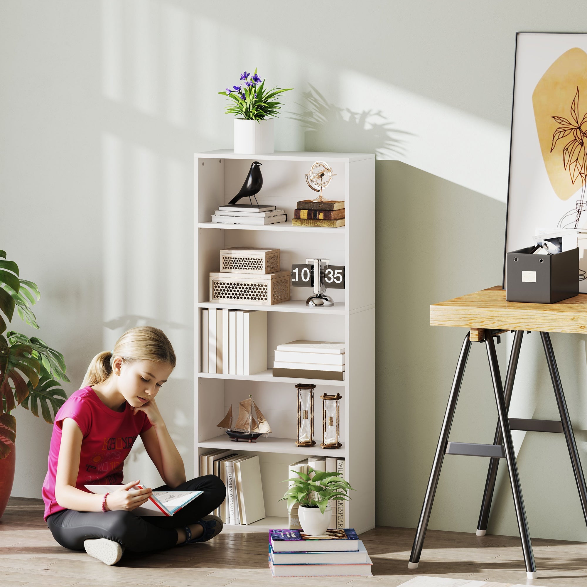 EasyComfort Mobile Libreria a 5 Ripiani with 3 Scaffali Flessibili, in Legno, 60x24x133.5 cm, white