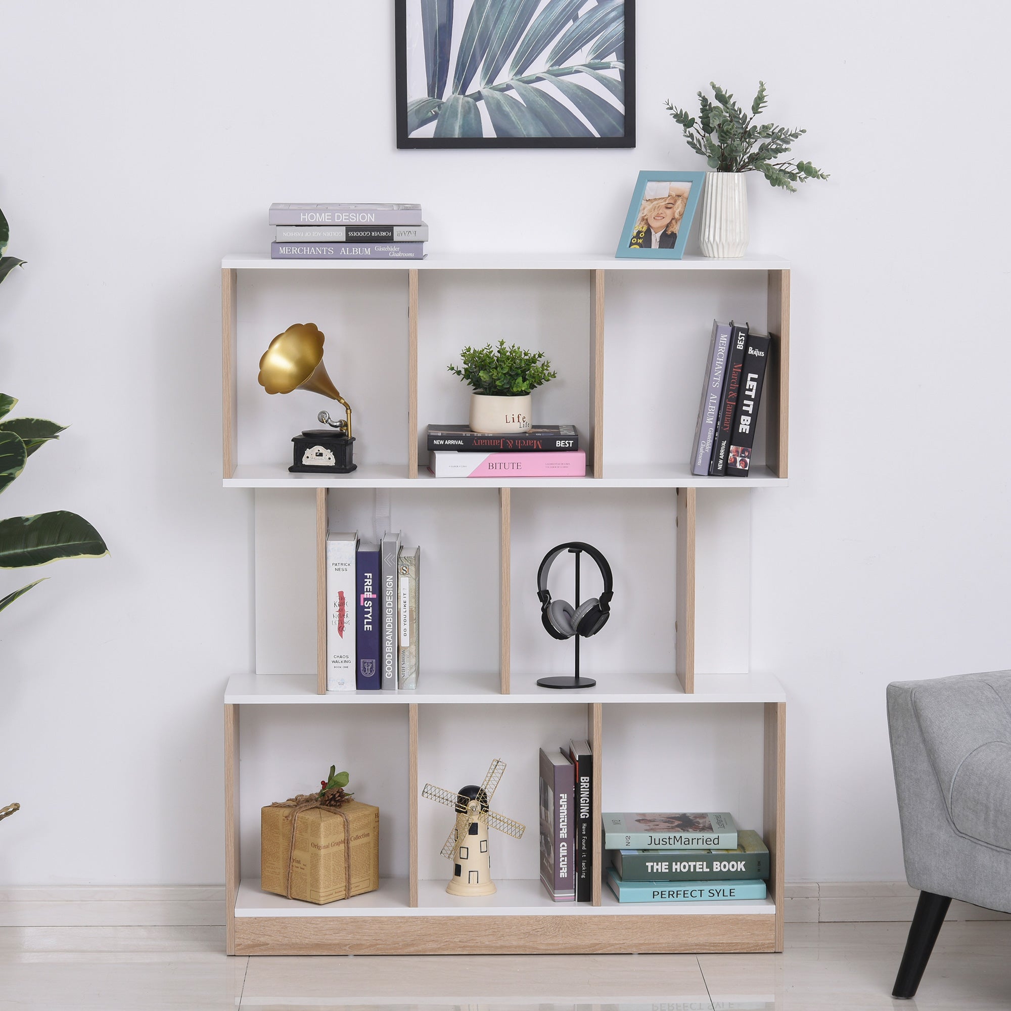 Easycomfort Mobile Libreria a 8 Ripiani per Soggiorno e Camera da Letto, in Legno, 100x27x124 cm, Rovere e white
