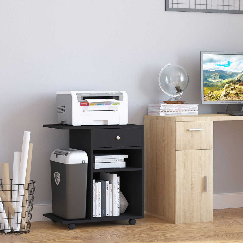 Easycomfort Mobile Porta Stampante in Legno black with 1 Cassetto, 2 Ripiani e Mensola CPU, per Ufficio 60x40x68.5cm