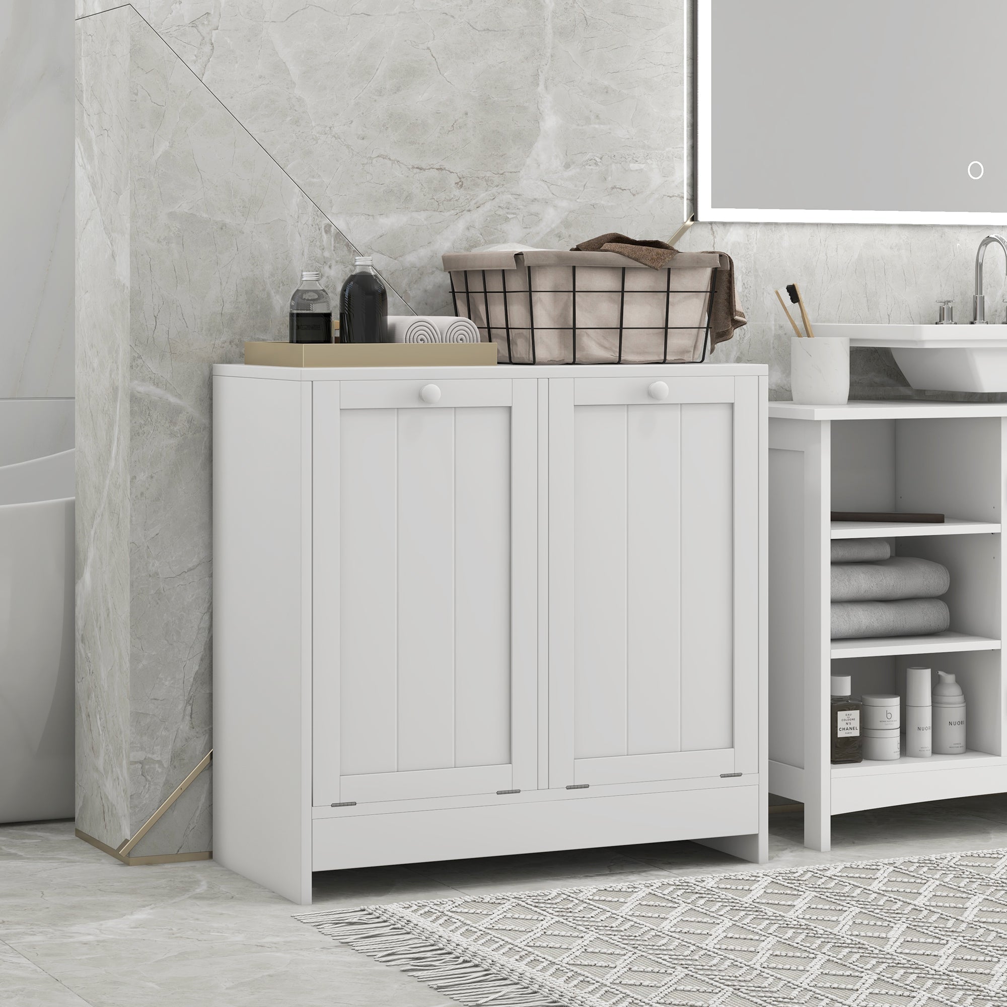 EasyComfort Mobile Portabiancheria with 2 Scomparti a Ribalta in Legno, 66x33x68cm, white