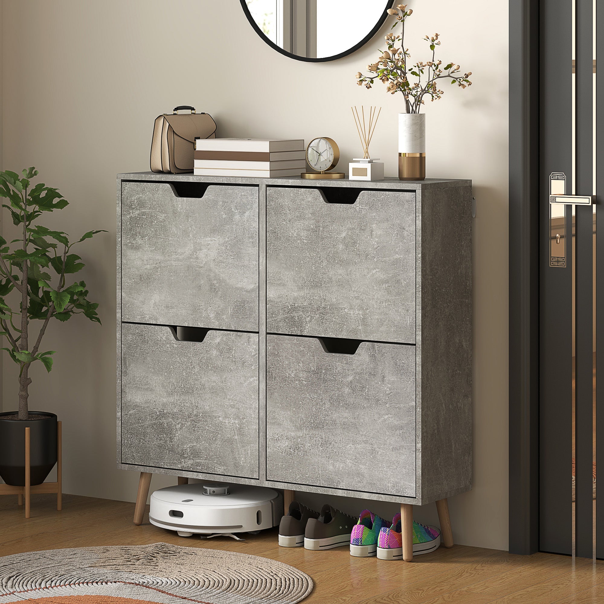 EasyComfort Mobile Scarpiera with 4 Cassetti Ribaltabili a 2 Livelli per 16 Paia, in Legno, 95x26x95 cm, Grigio