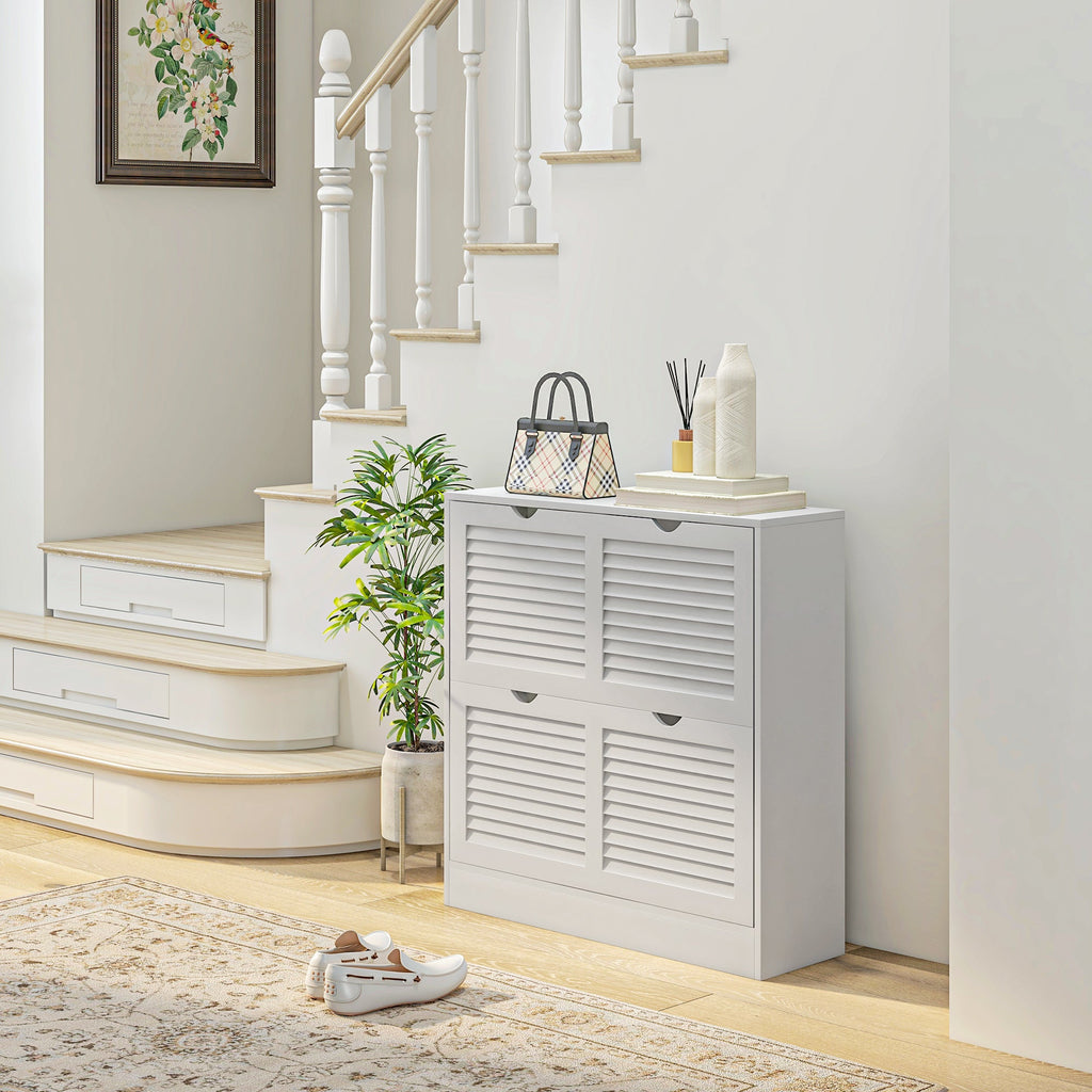Easycomfort Mobile Scarpiera Salvaspazio in Legno per 16 Paia di Scarpe with 2 Ante a Ribalta, 81.5x25x83cm, white