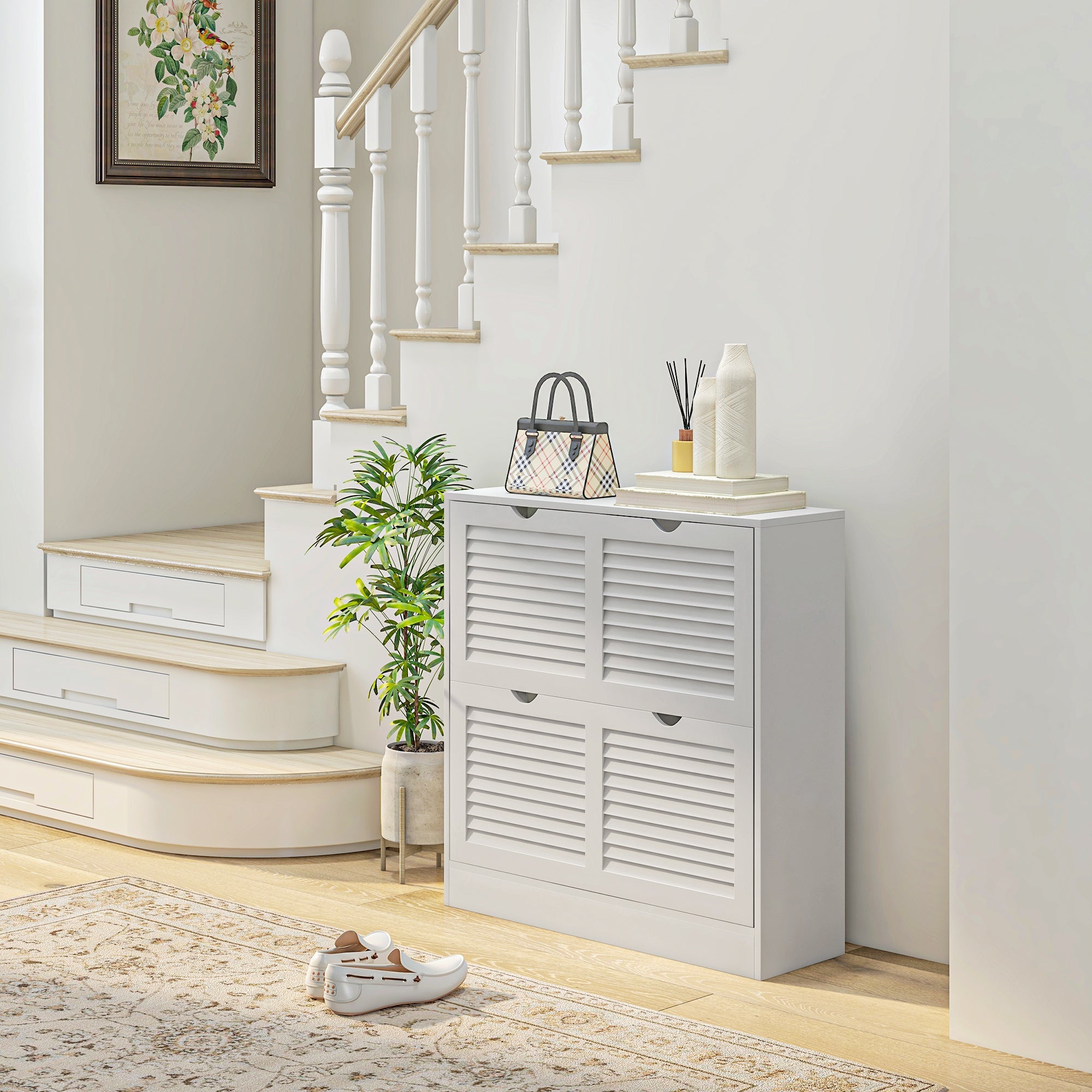 Easycomfort Mobile Scarpiera Salvaspazio in Legno per 16 Paia di Scarpe with 2 Ante a Ribalta, 81.5x25x83cm, white