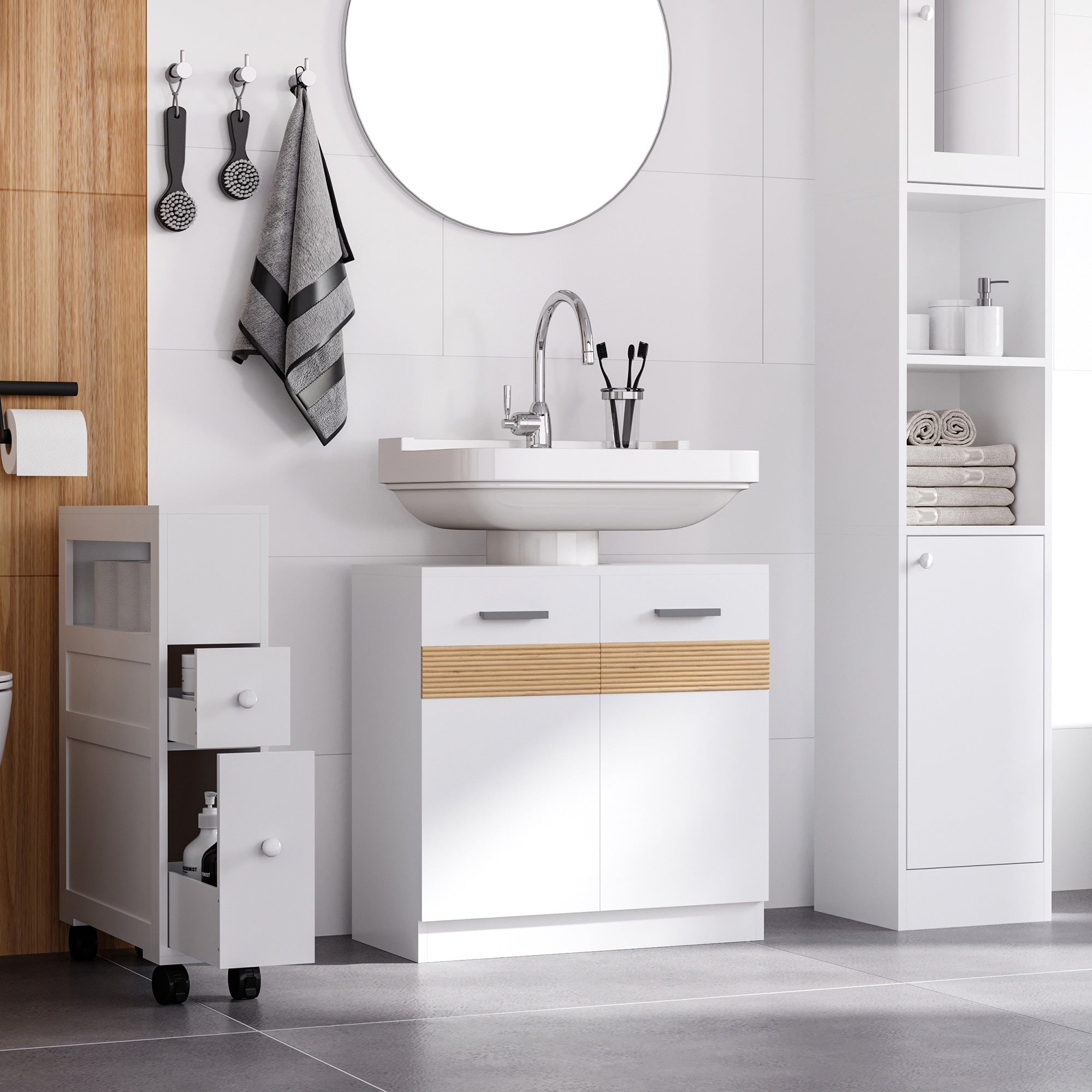 EasyComfort Mobile Moderno Sotto Lavabo Bagno per nascondere tubi idraulici, Sottolavandino with Antine in Legno white, 60x30x60.5cm