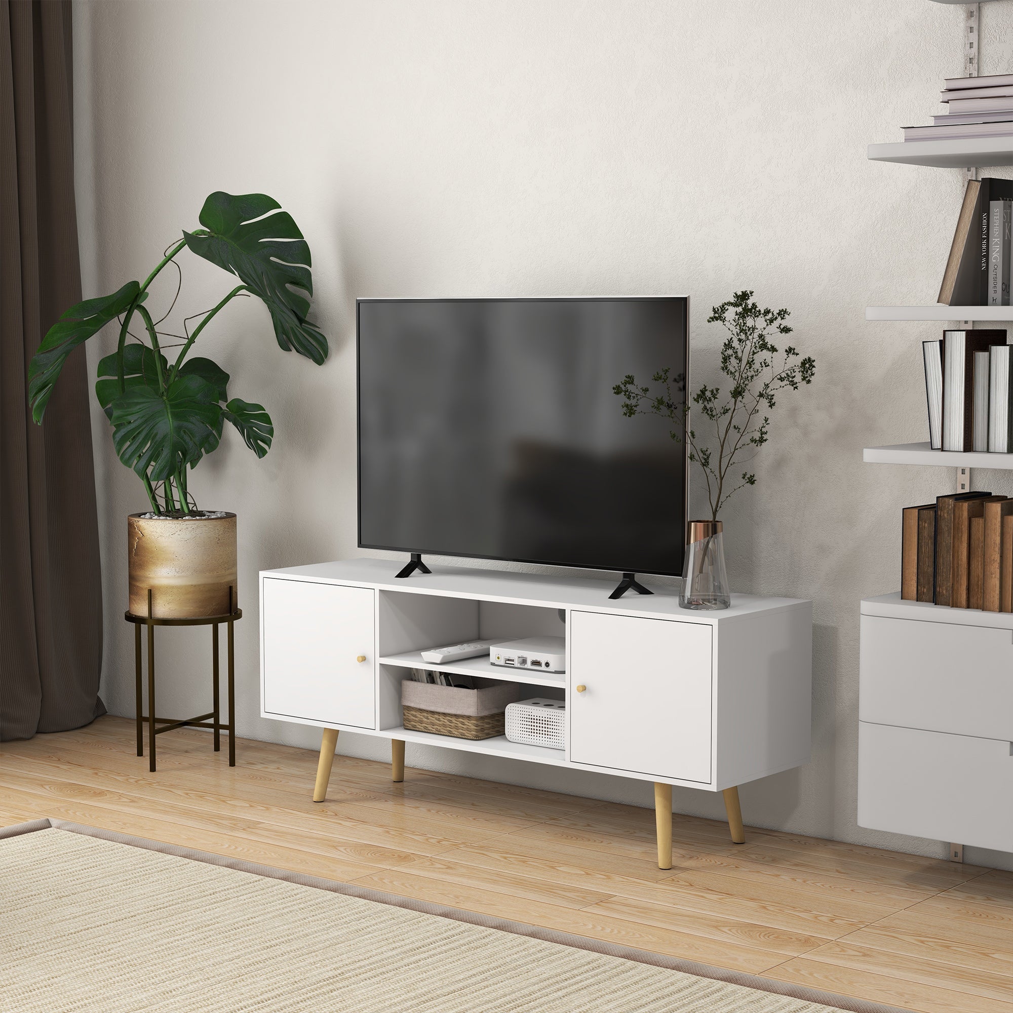 EasyComfort Mobile TV 55" tv-meubel, 2 kasten & 2 open planken, 120x34x50 cm, wit