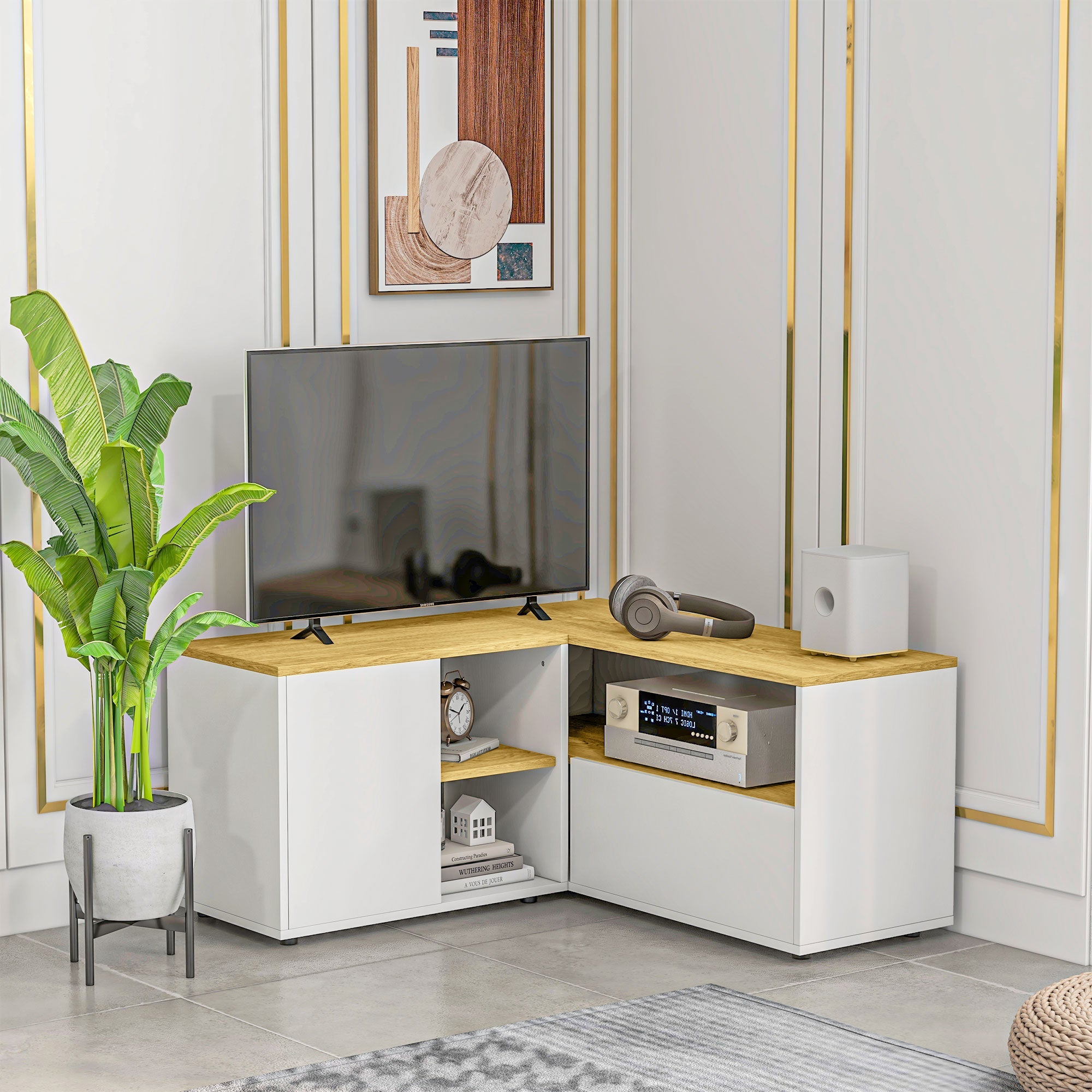 Easycomfort Mobile TV a L per TV da 40" with 3 Ripiani Aperti e 2 Armadietti, in Truciolato, 90x90x45 cm