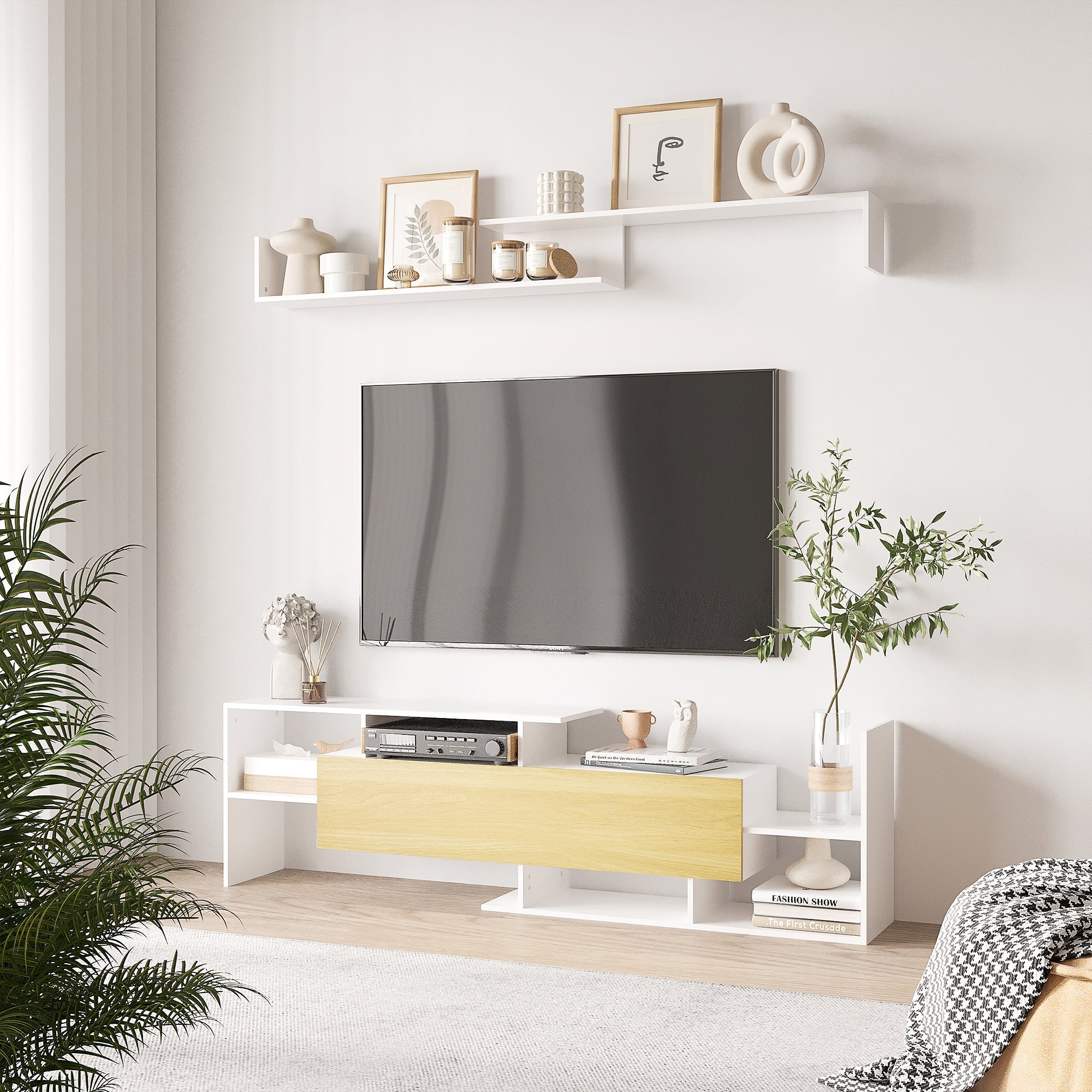 EasyComfort Mobile TV with Mensola a Muro, Ripiani Aperti e Armadietto in Legno, white e Legno Naturale