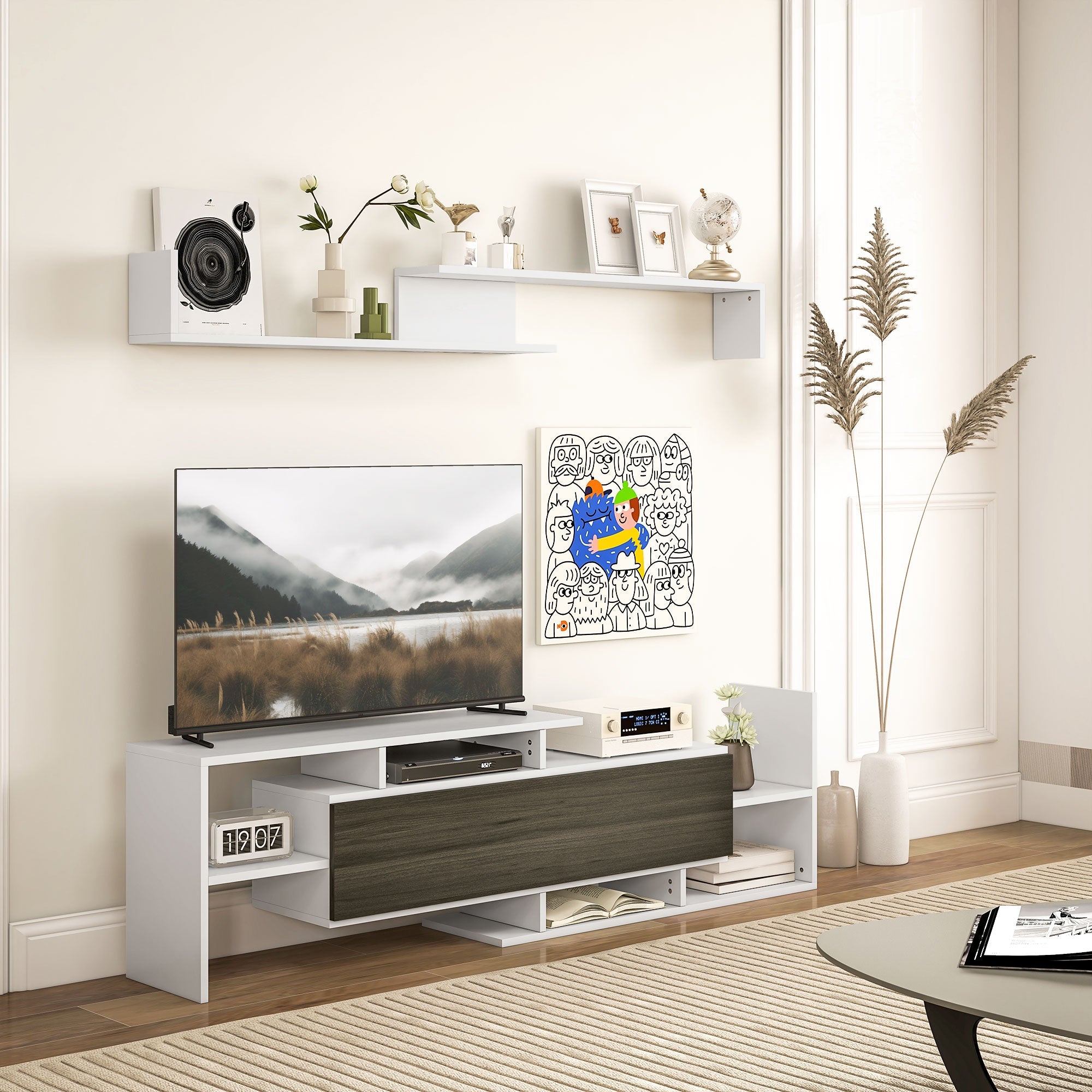 EasyComfort Mobile TV meubel met wandplank, 153.6 cm, wit/zwart