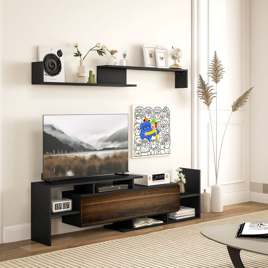 EasyComfort TV-meubel met wandplank, open planken en kast, zwart/bruin