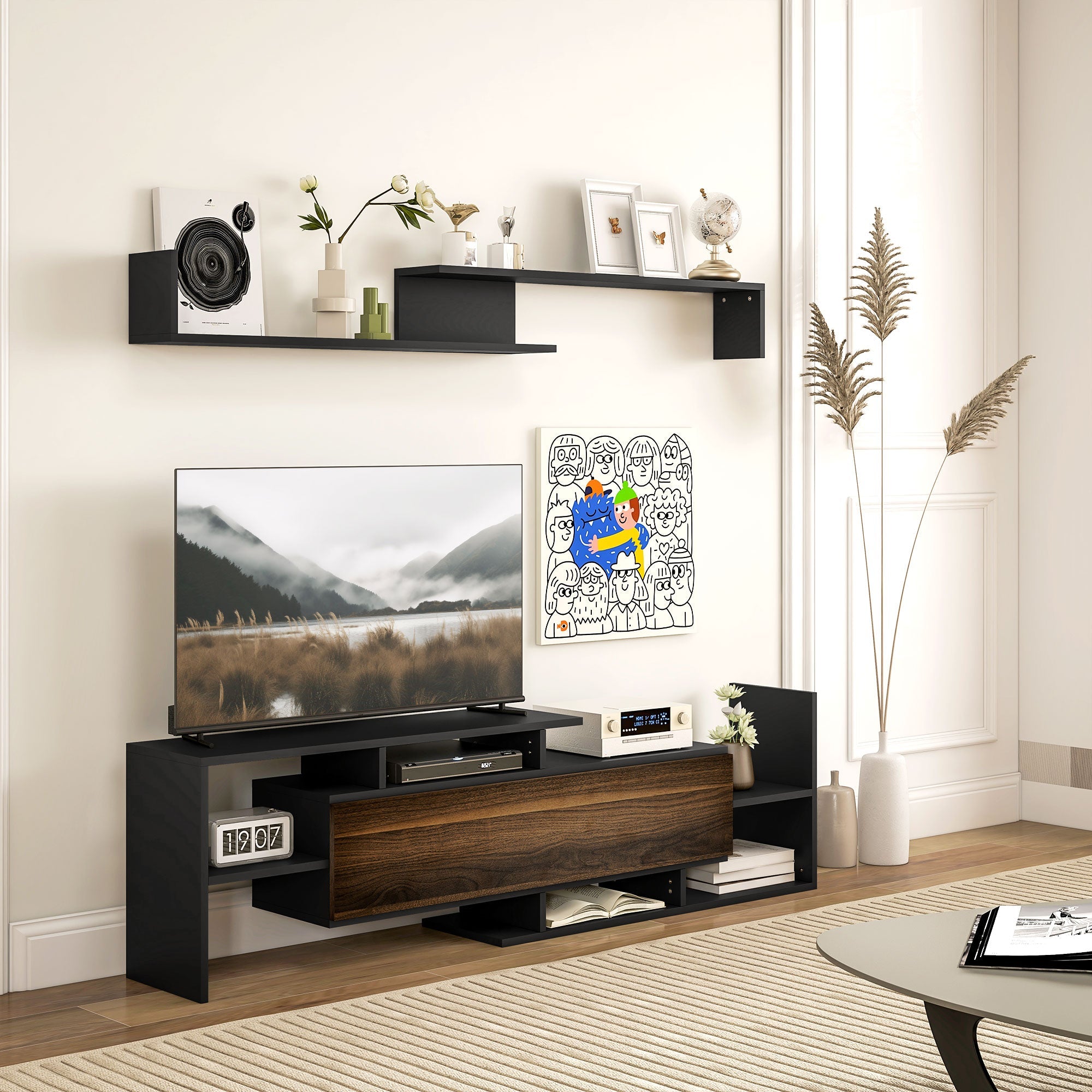 EasyComfort TV-meubel met wandplank, open planken en kast, zwart/bruin