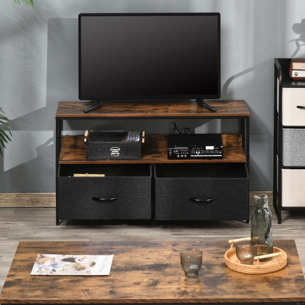 Easycomfort Mobile TV Stile Industriale with Cassetti Pieghevoli in Tessuto e Mensola, Mobiletto TV in Metallo e MDF, 98x29x56cm, Marrone e black