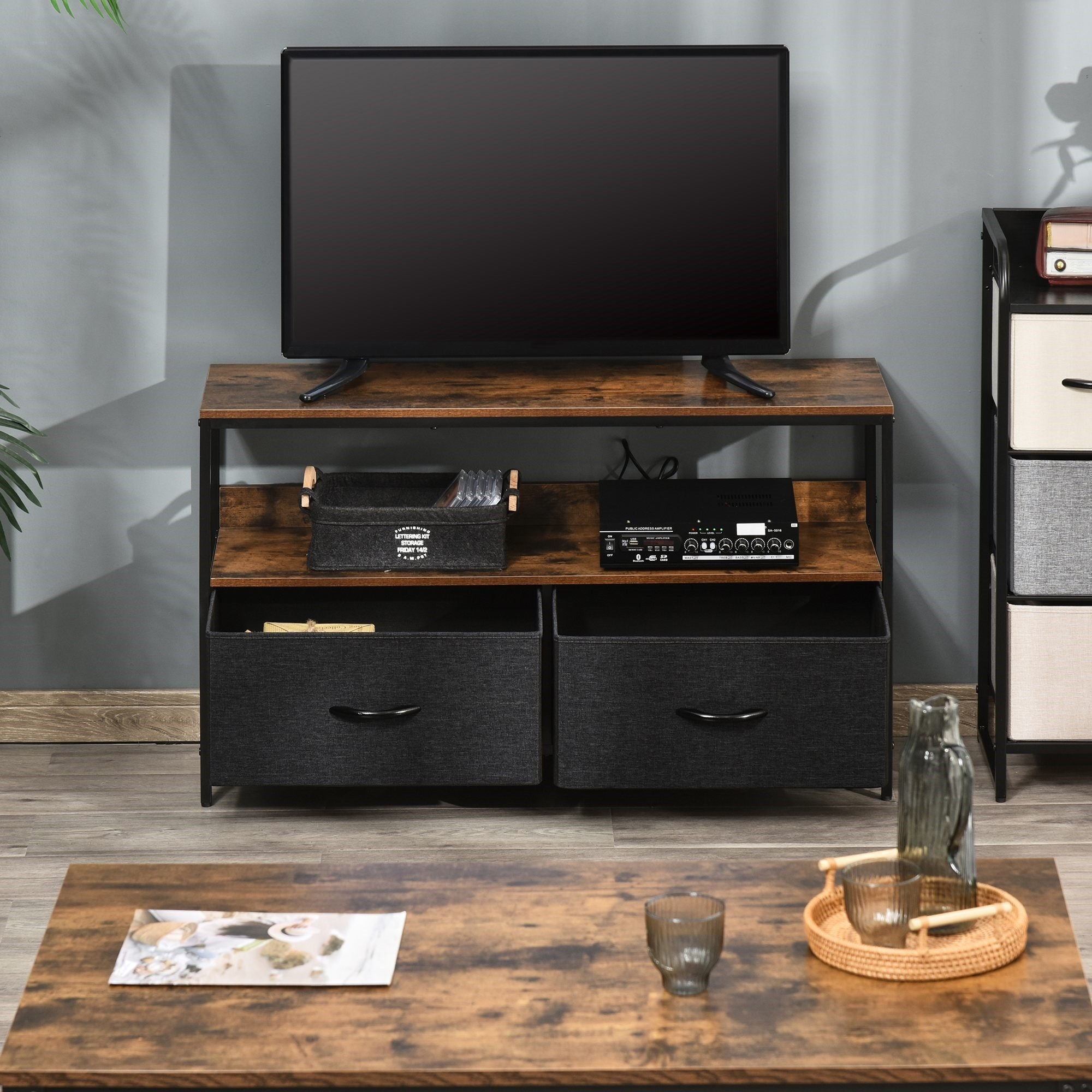 Easycomfort Mobile TV Stile Industriale with Cassetti Pieghevoli in Tessuto e Mensola, Mobiletto TV in Metallo e MDF, 98x29x56cm, Marrone e black