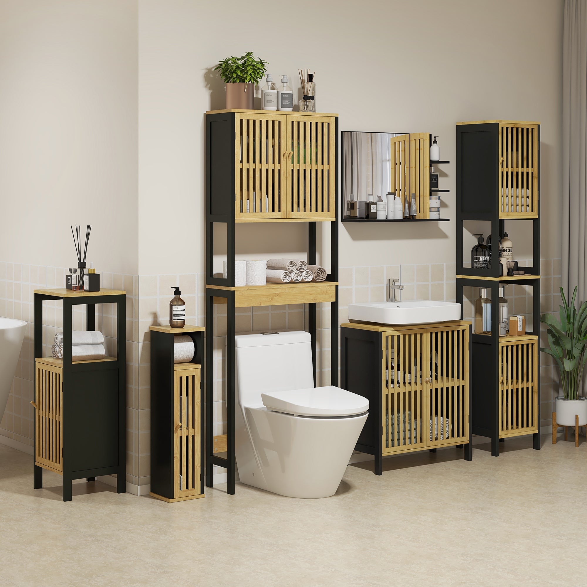 EasyComfort Mobiletto Badkamerkast 32x30x90.5 cm zwart/houtkleur