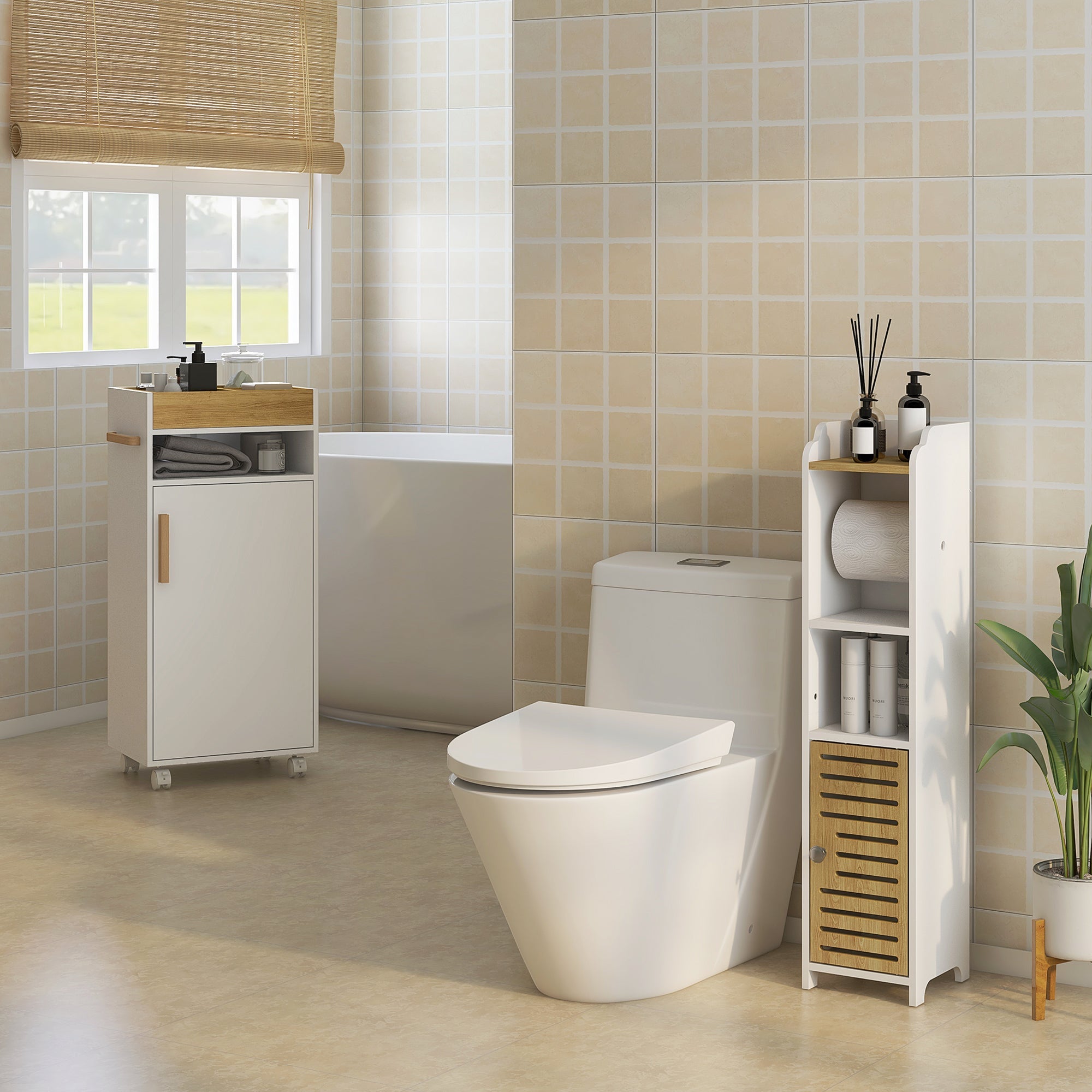 Easycomfort Mobiletto Bagno with Vassoio Rimovibile, Ripiano Aperto e Armadietto Chiuso, in Truciolato, 40x30x88 cm, white