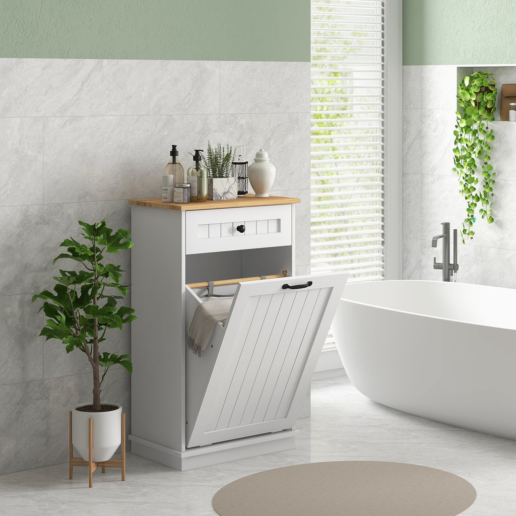 EasyComfort Mobiletto Bagno in Legno with Cesto Portabiancheria in Tessuto Ribaltabile e Cassetto, white