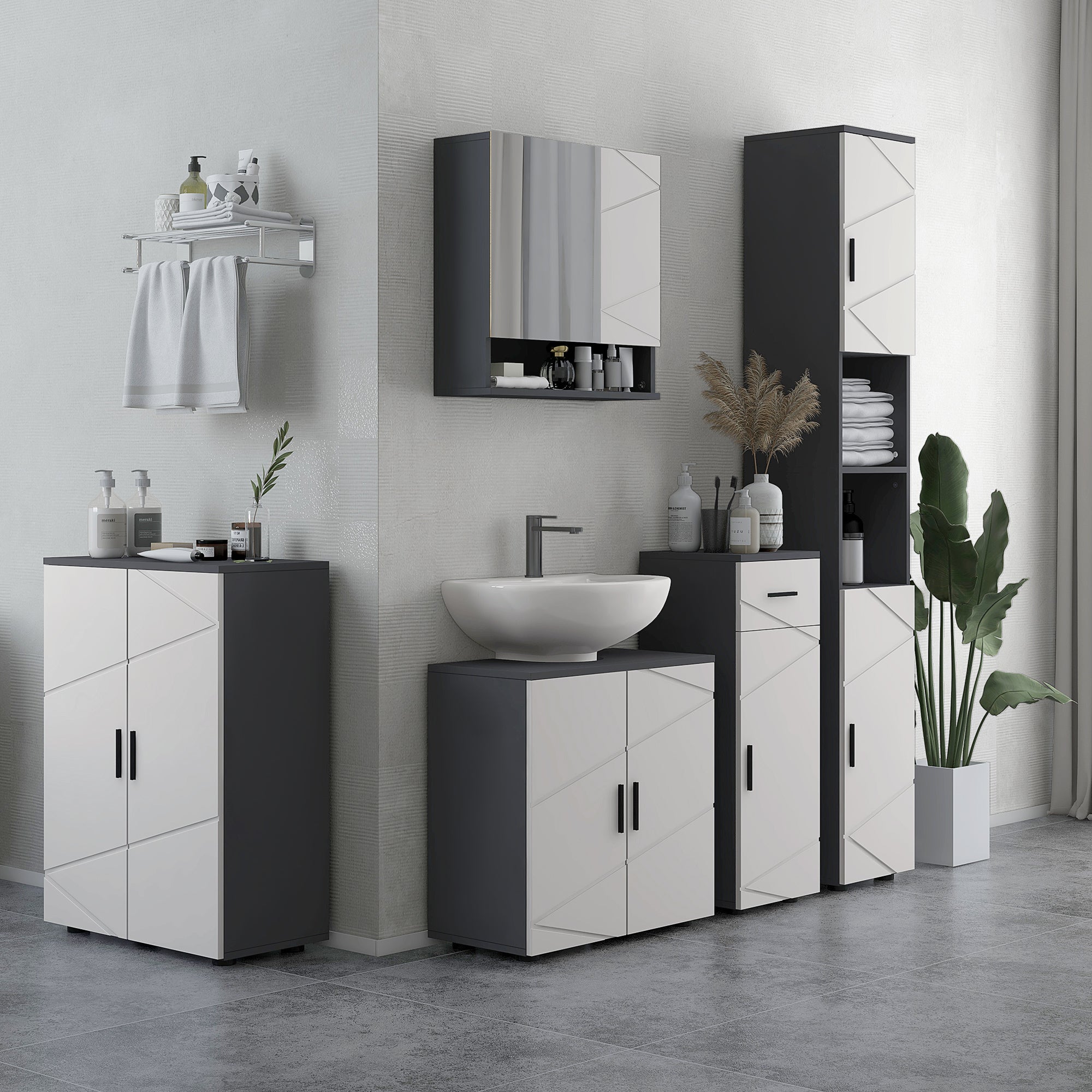 Easycomfort Mobiletto Bagno in Truciolato with Cassetto e Armadietto a 2 Livelli Regolabili, 30x30x82 cm, Grigio