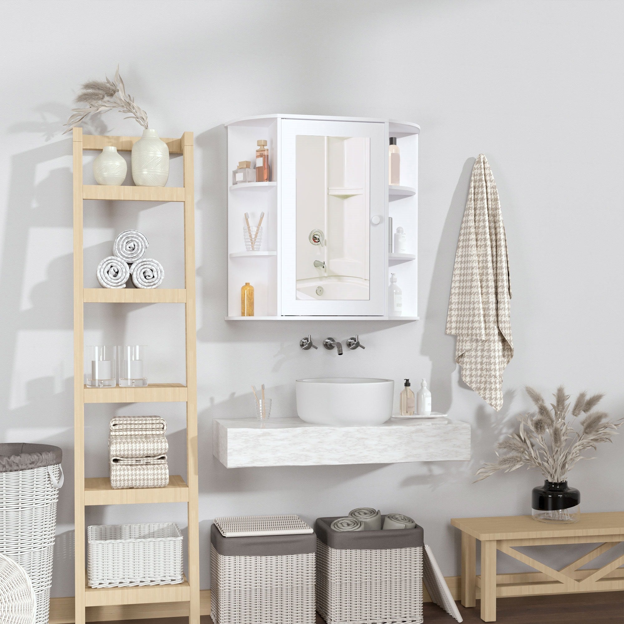 EasyComfort Mobiletto Pensile da Bagno, Armadietto Bagno with Specchio, Anta Centrale e Mensole in Legno white (60 x 17 x 63 cm)